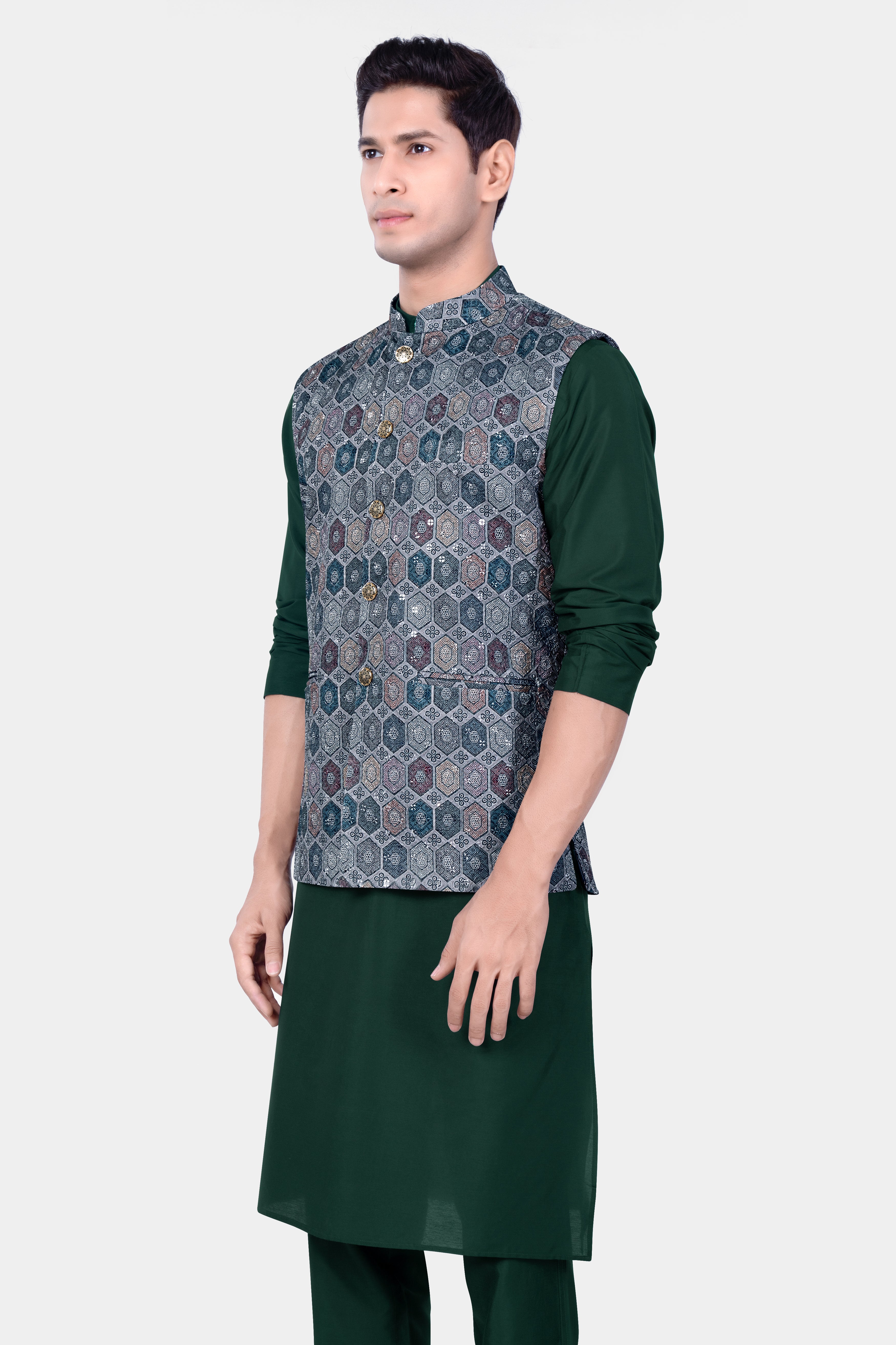Timber Green Kurta Set With Tuna Blue And Gunsmoke Gray Multicolour Embroidered Nehru Jacket
