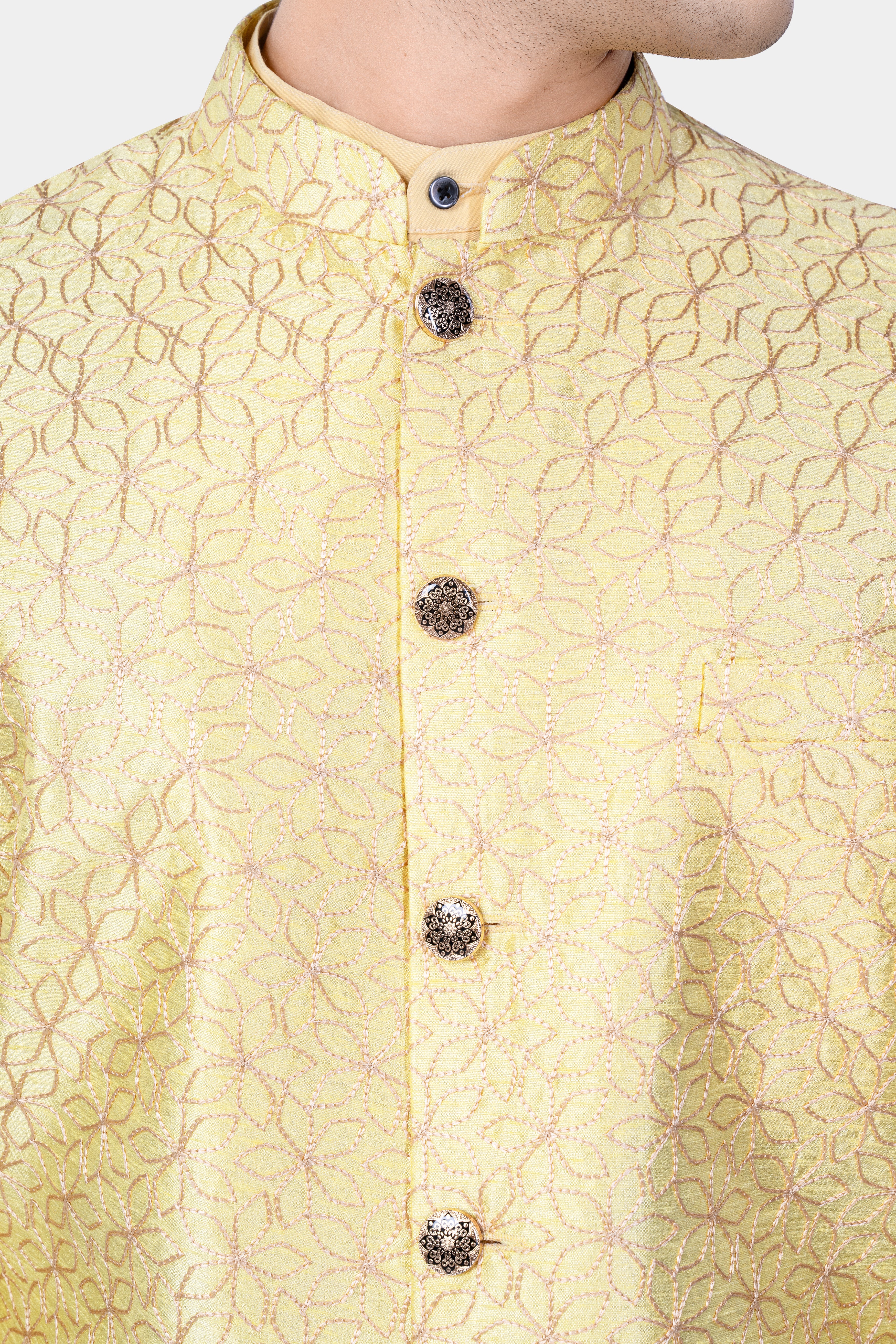 Hampton Yellow Kurta Set With Blond Yellow Flower Embroidered Nehru Jacket