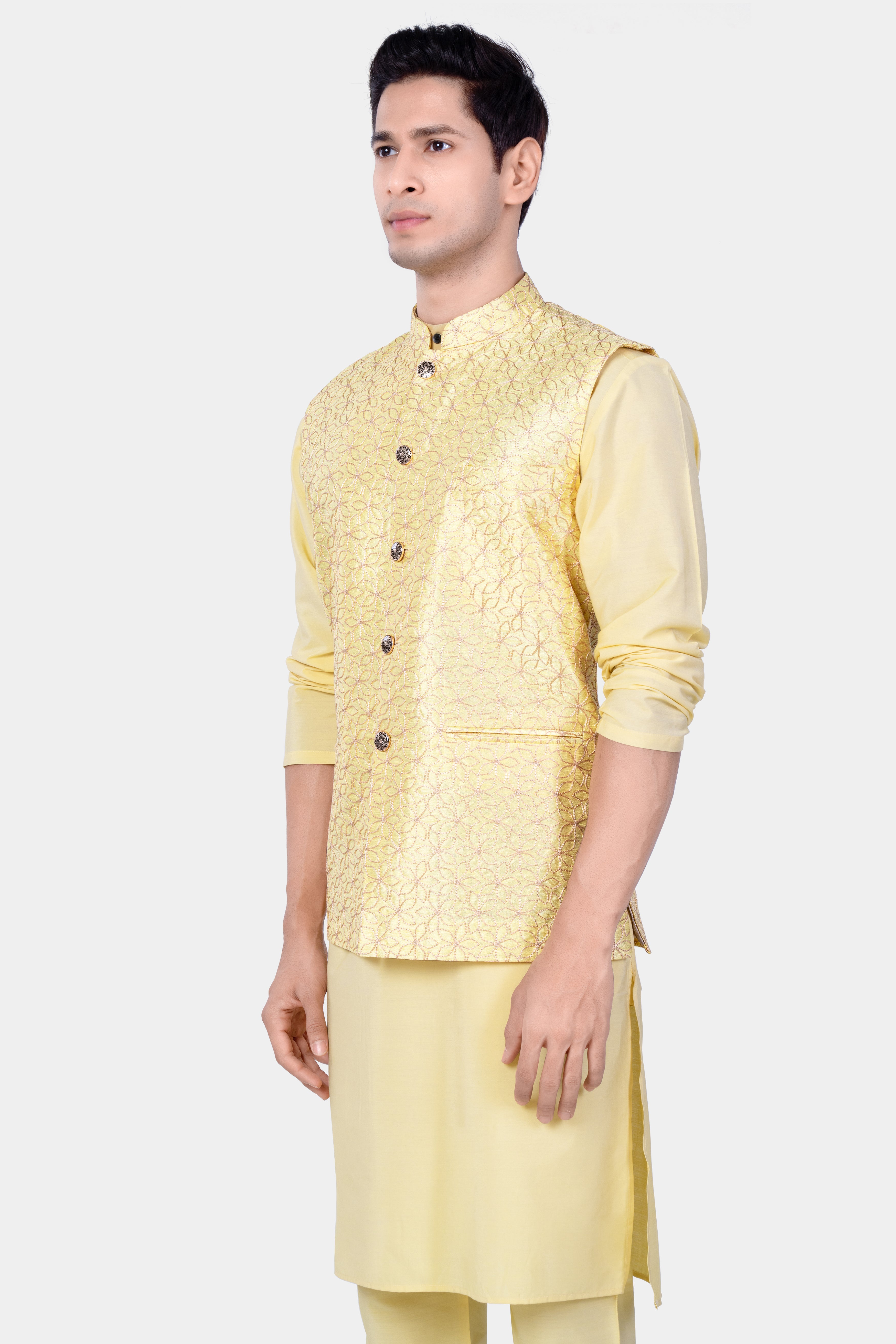 Hampton Yellow Kurta Set With Blond Yellow Flower Embroidered Nehru Jacket