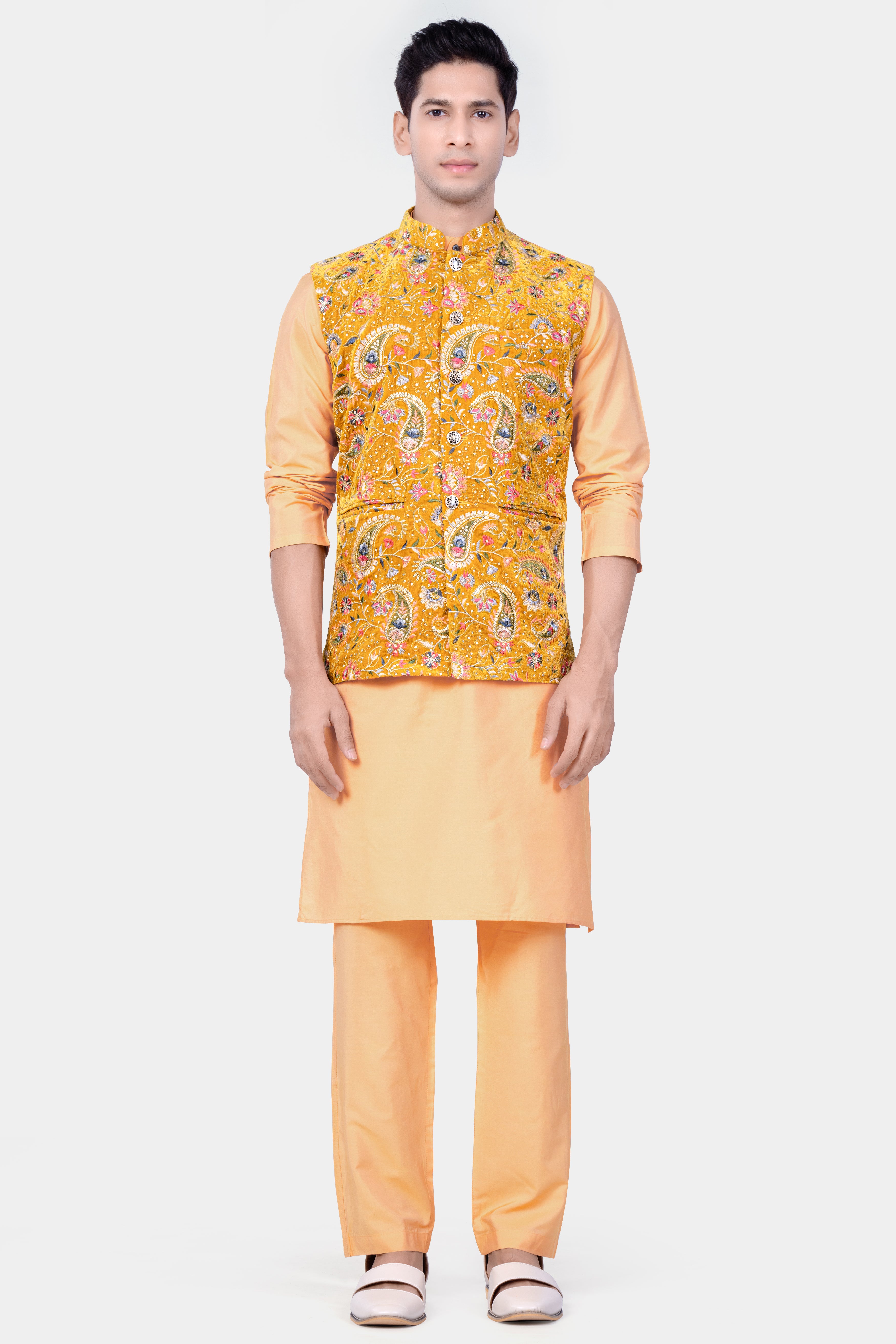 Manhattan Orange Kurta Set With Firebush Yellow Velvet Floral Thread Embroidered Nehru Jacket