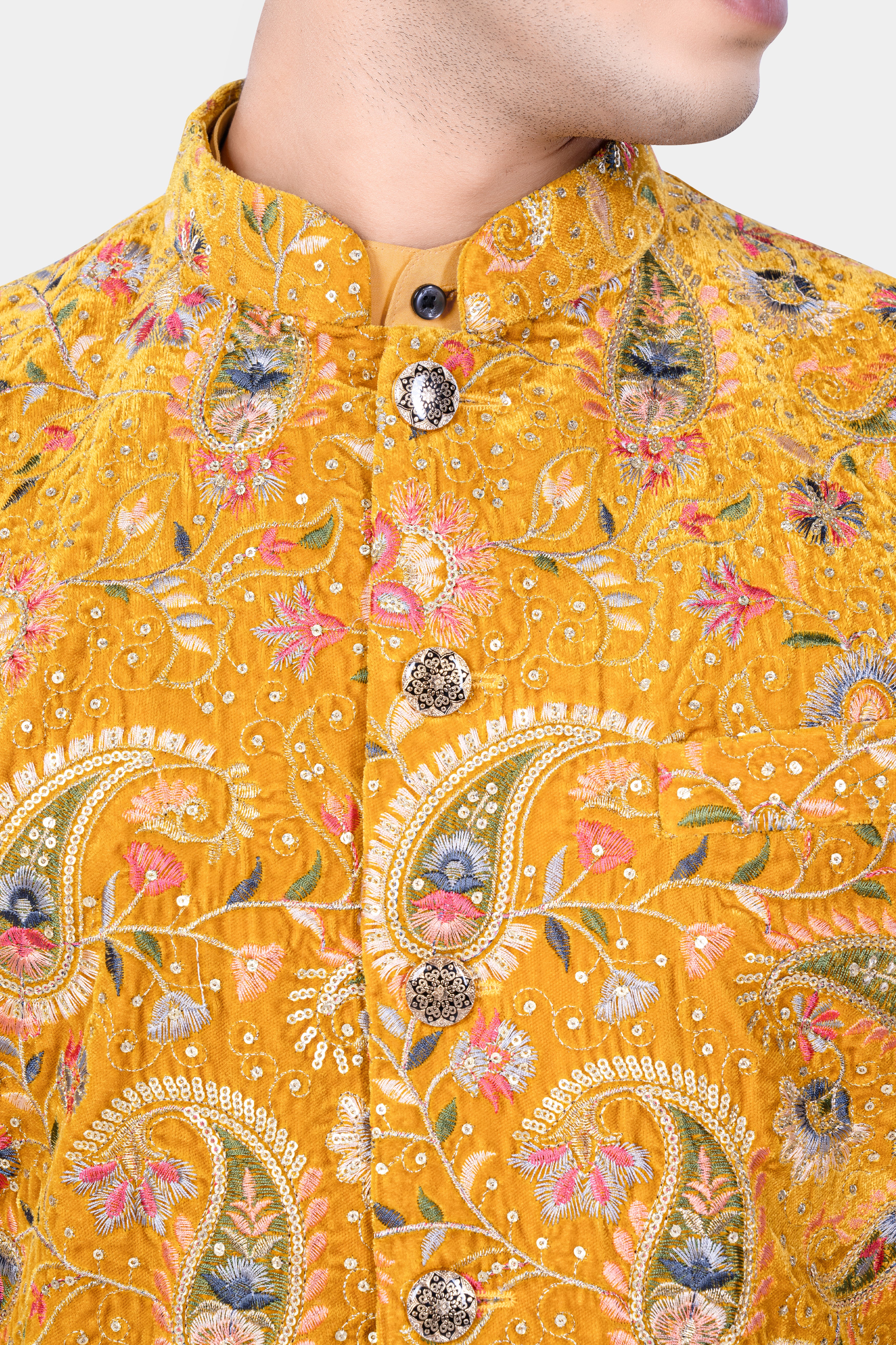 Manhattan Orange Kurta Set With Firebush Yellow Velvet Floral Thread Embroidered Nehru Jacket