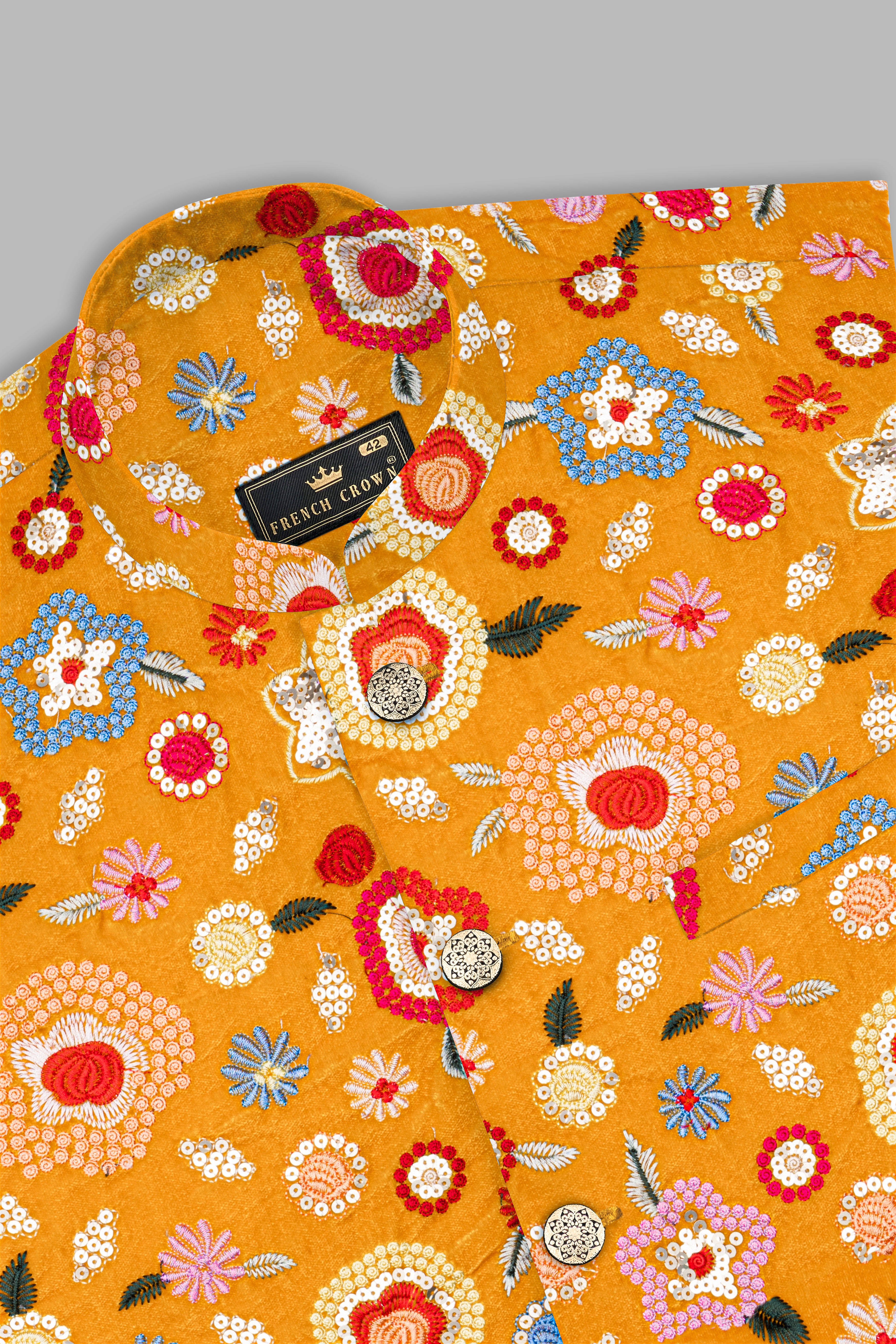Manhattan Orange Kurta Set With Tangerine Yellow And Alizarin Red Velvet Floral Thread Embroidered Nehru Jacket