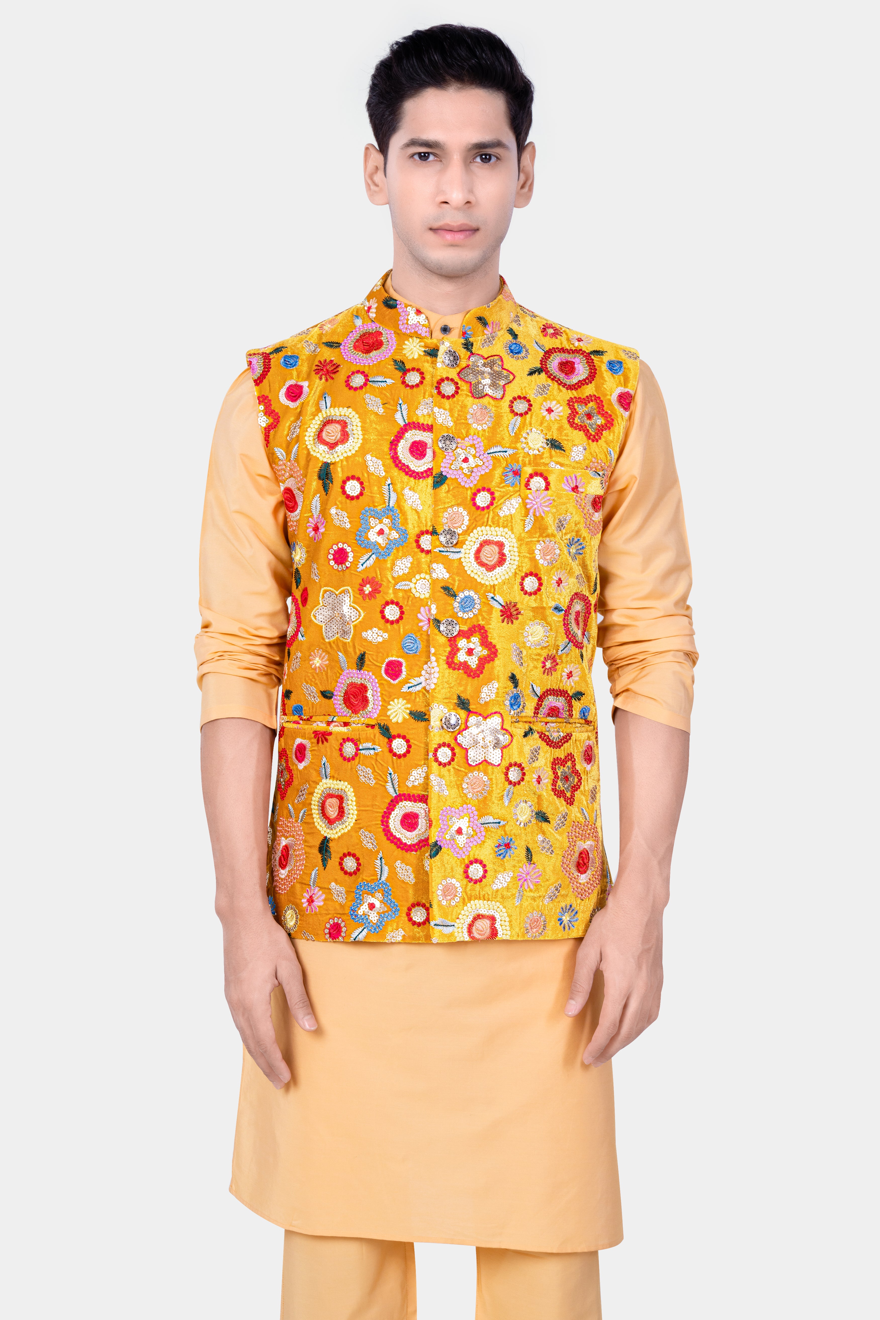 Manhattan Orange Kurta Set With Tangerine Yellow And Alizarin Red Velvet Floral Thread Embroidered Nehru Jacket