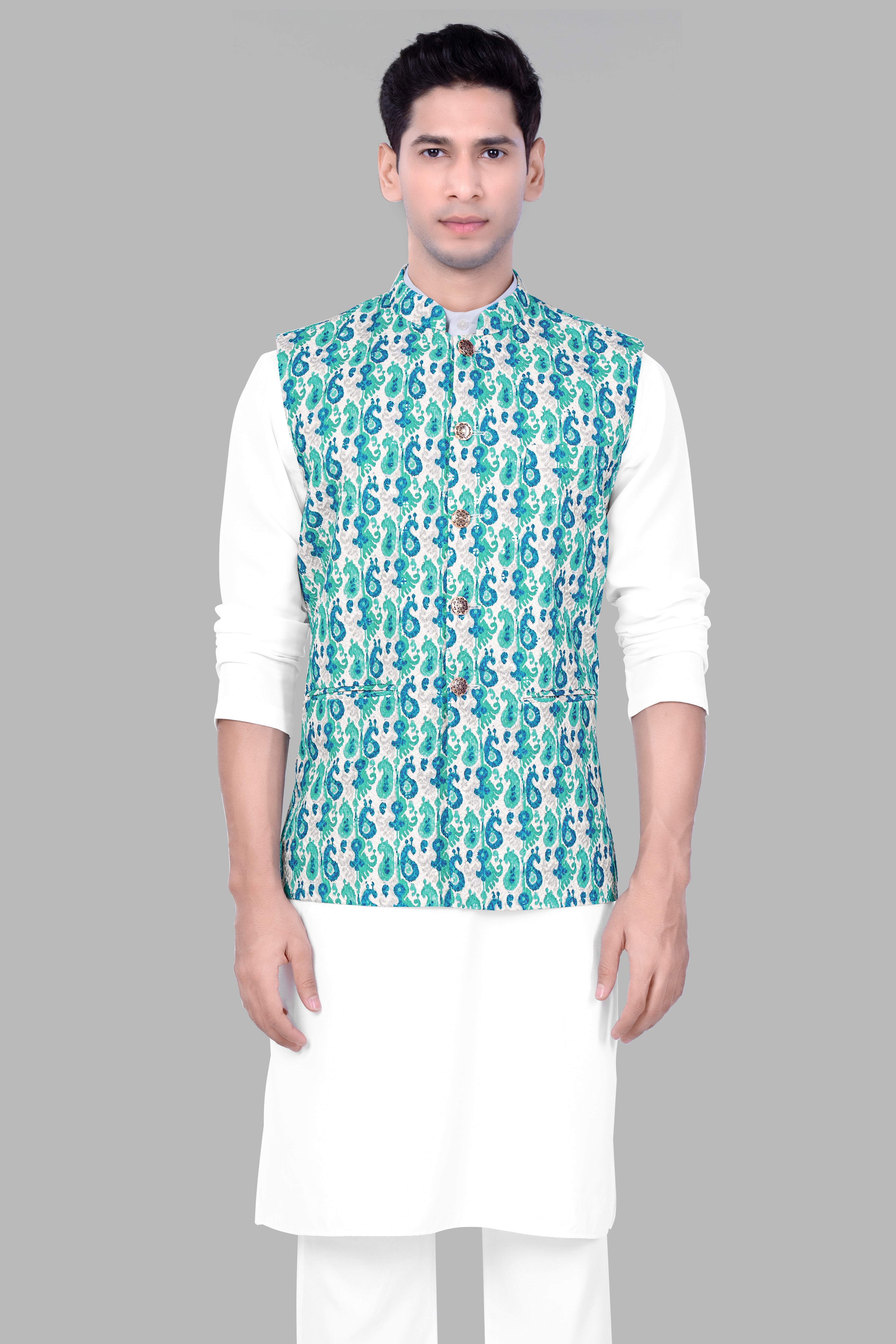 Bisque Beige Kurta Set With Bright White And Curious Blue Designer Thread Embroidered Nehru Jacket