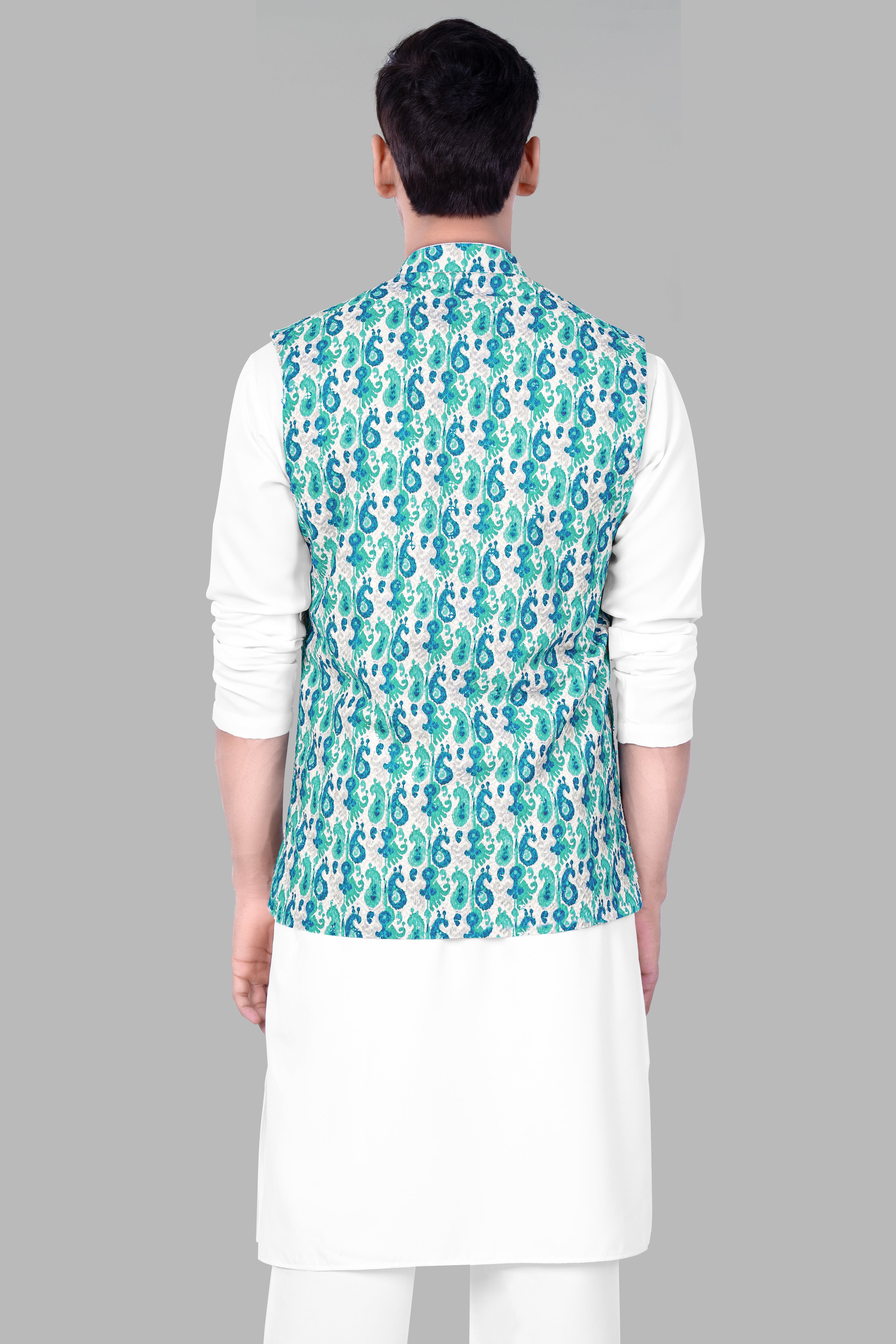 Bisque Beige Kurta Set With Bright White And Curious Blue Designer Thread Embroidered Nehru Jacket