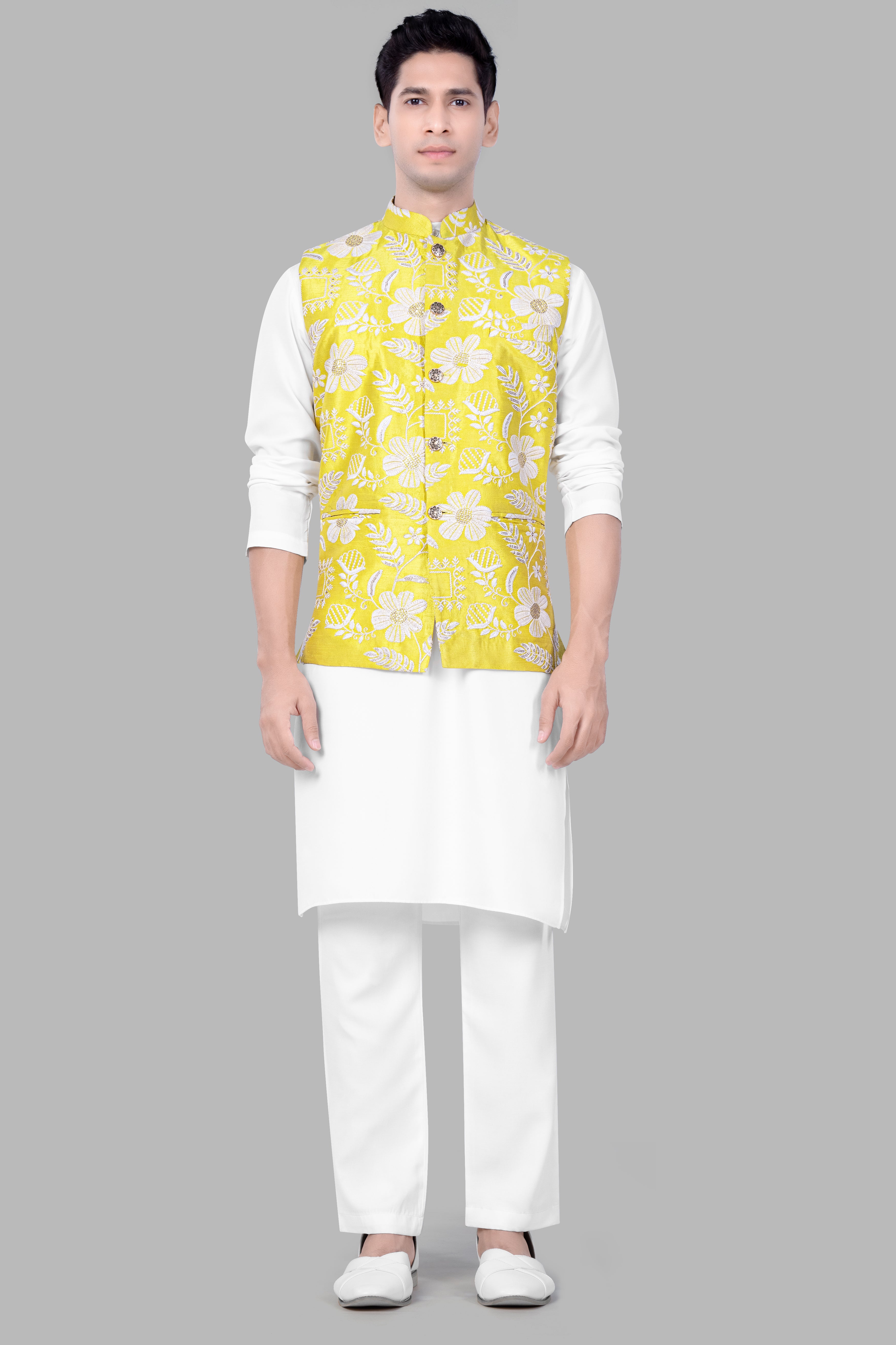Bisque Beige Kurta Set With Dandelion Yellow And Bright White Floral Sequin And Thread Embroidered Nehru Jacket