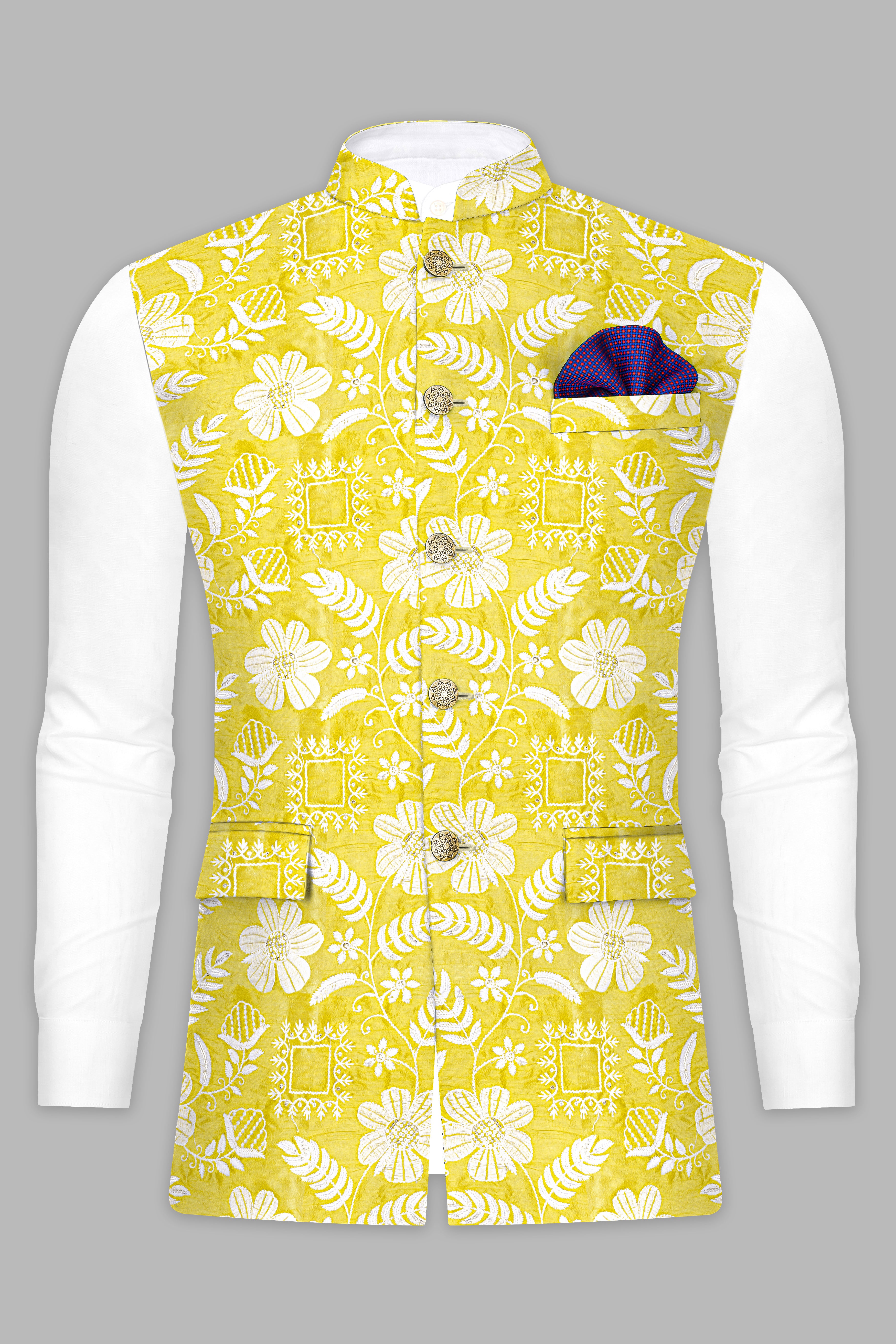 Bisque Beige Kurta Set With Dandelion Yellow And Bright White Floral Sequin And Thread Embroidered Nehru Jacket