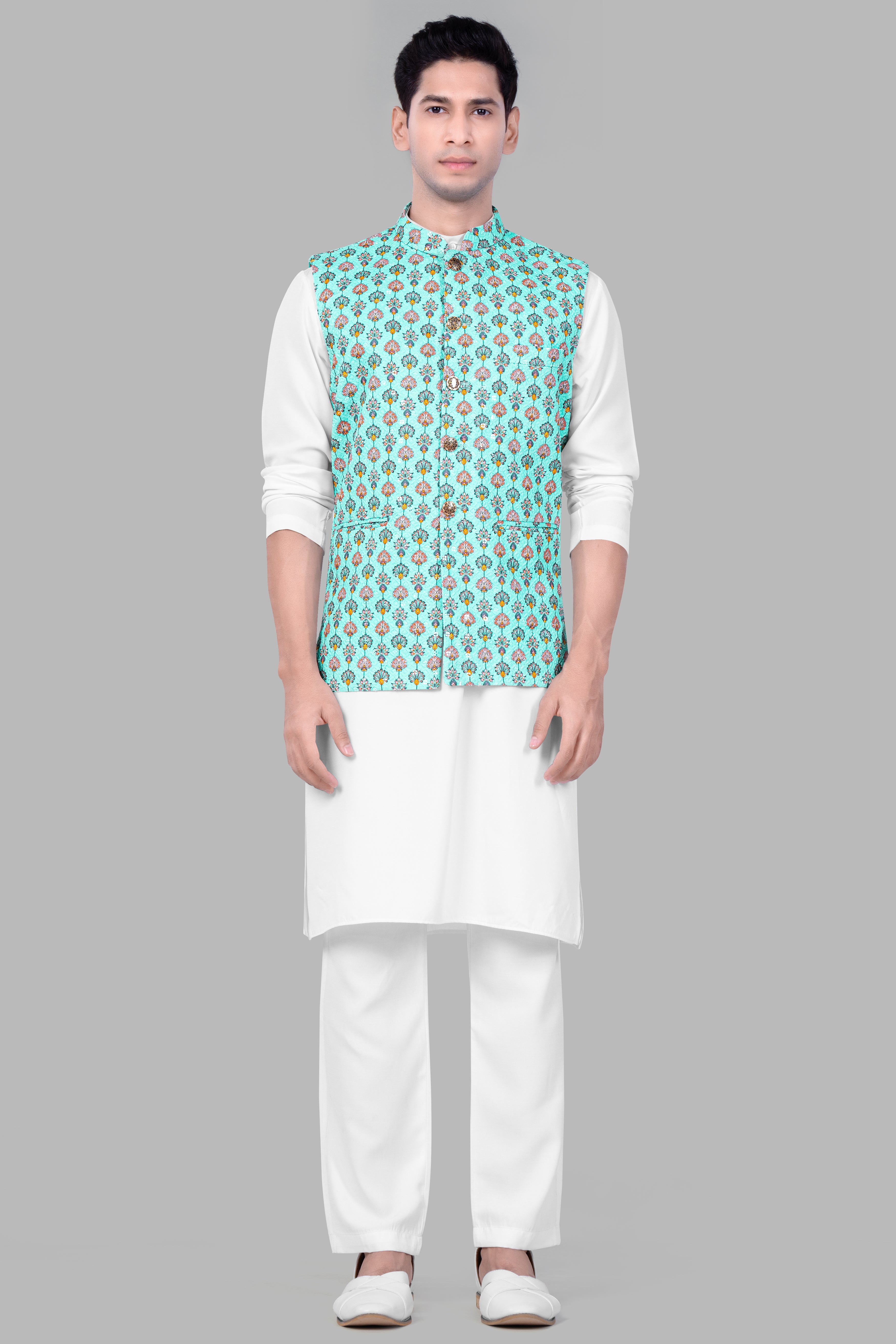Bisque Beige Kurta Set With Aquamarine Blue And Tangerine Peach Designer Thread Embroidered Nehru Jacket