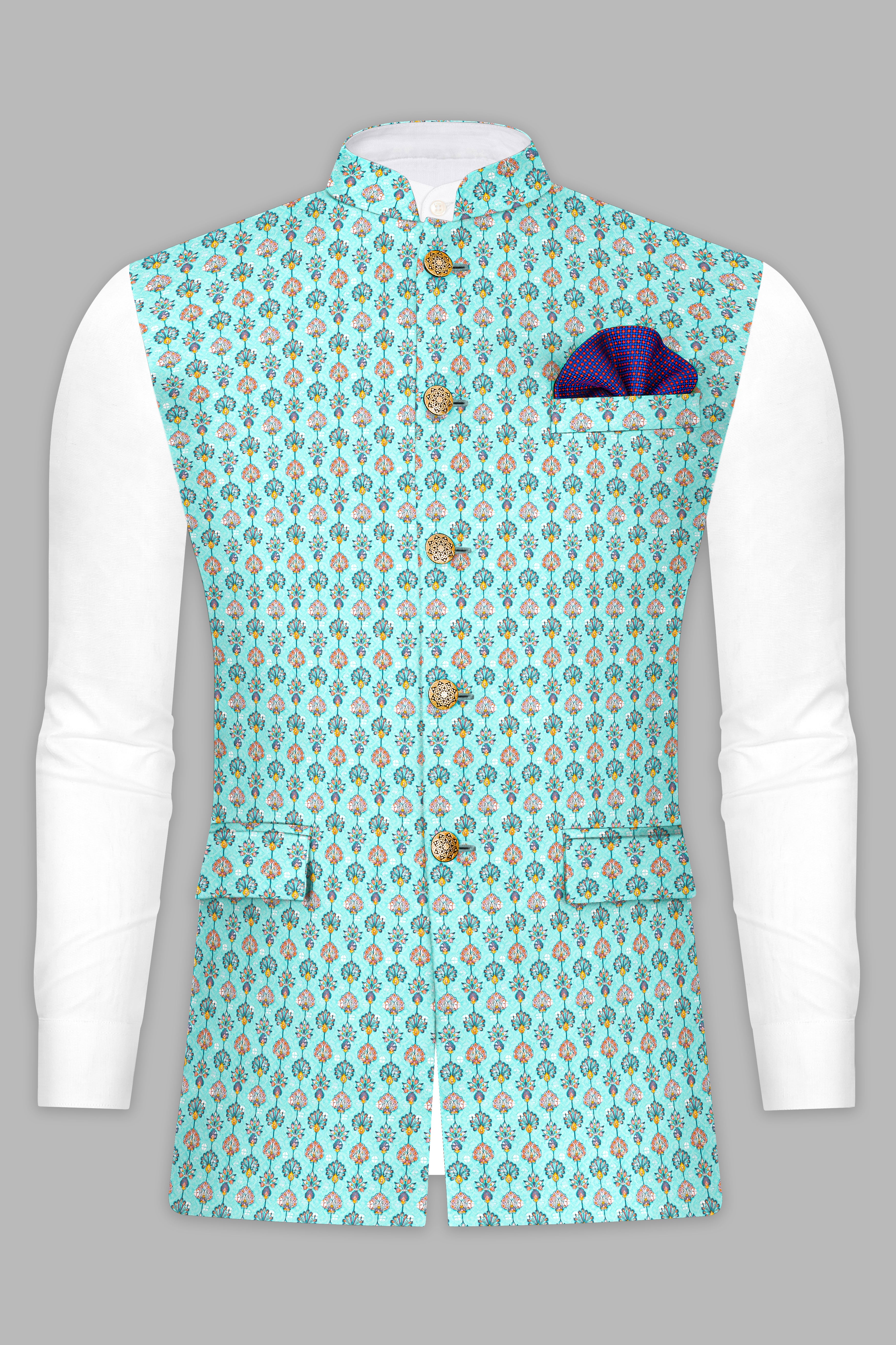 Bisque Beige Kurta Set With Aquamarine Blue And Tangerine Peach Designer Thread Embroidered Nehru Jacket
