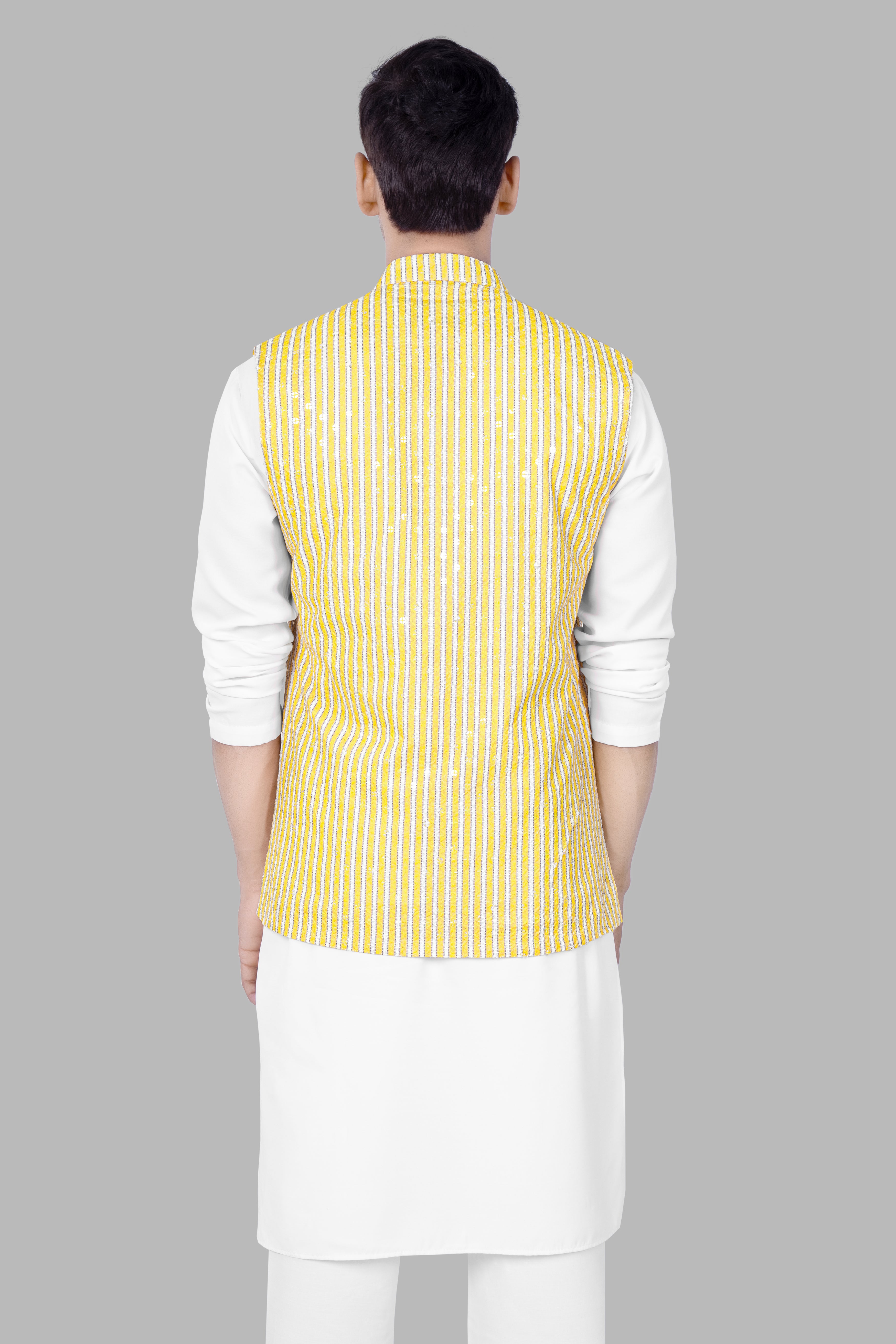 Bisque Beige Kurta Set With Drover Yellow And Bright White Striped Designer Thread Embroidered Nehru Jacket