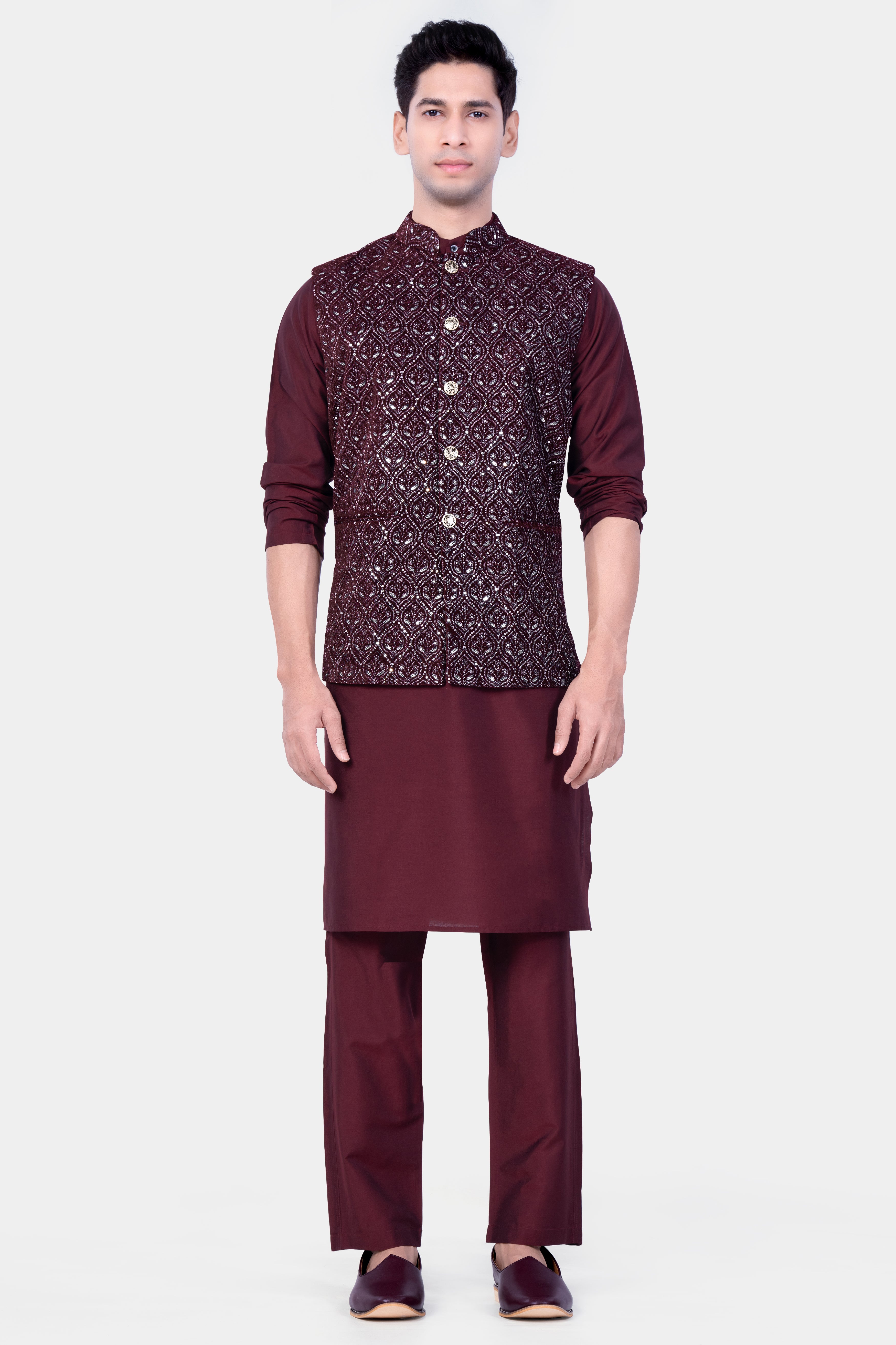 Wine Berry Kurta Set With Aubergine Maroon With Sequins And Thread Embroidered Nehru Jacket