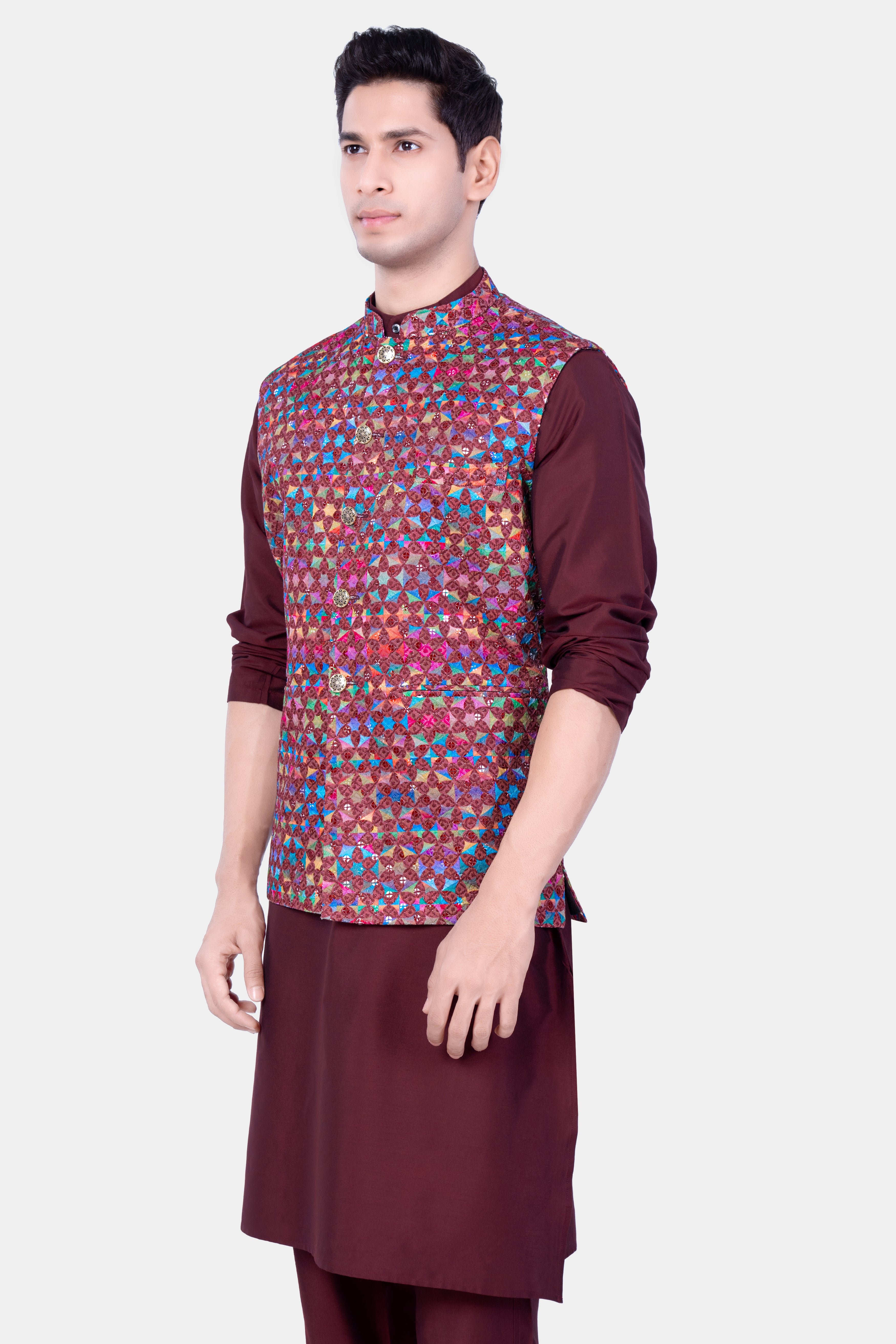 Wine Berry Kurta Set With Cordovan Brown And Trendy Purple Multicolour Embroidered Nehru Jacket