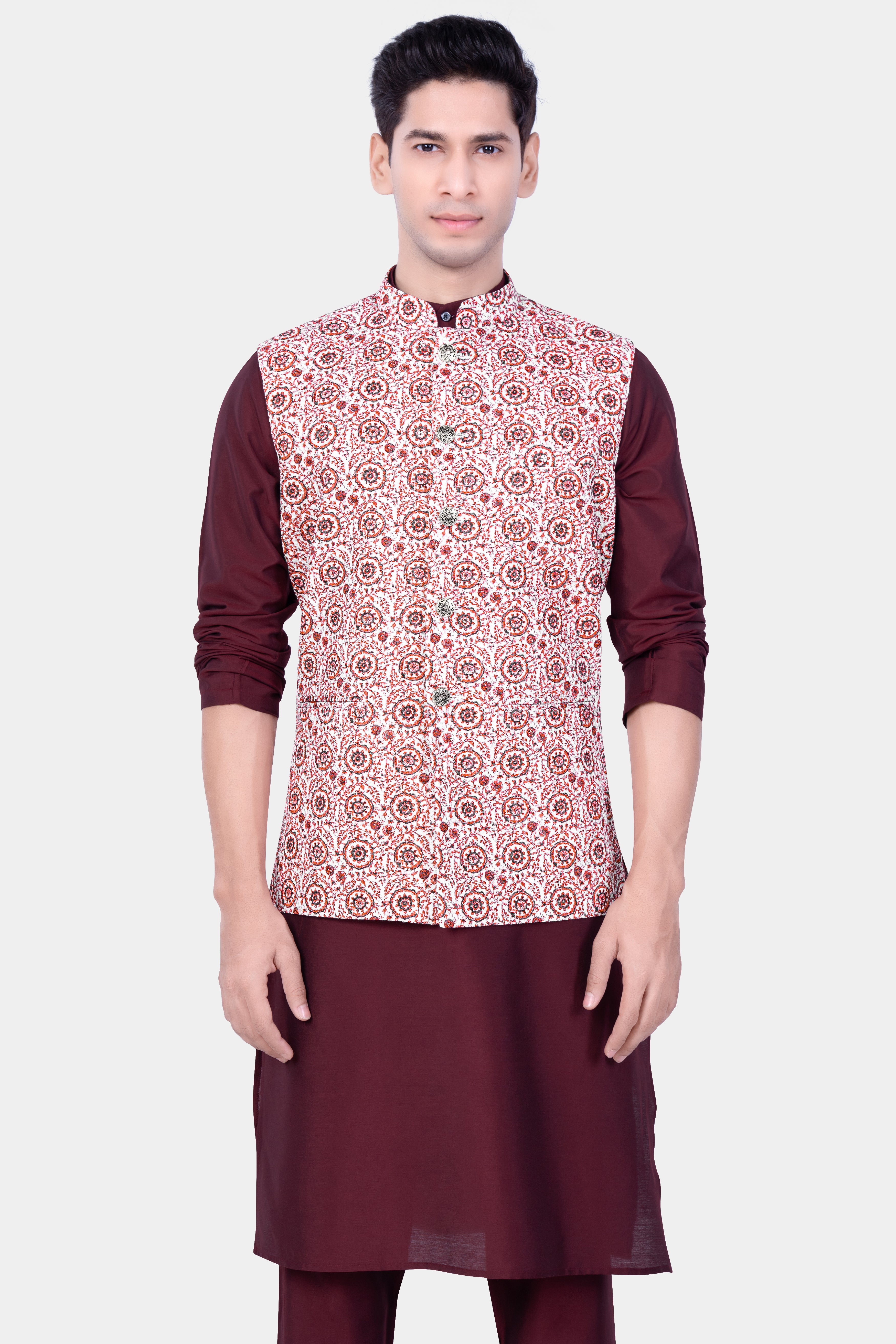 Wine Berry Kurta Set With Copper Rust Brown And Bright White Embroidered Nehru Jacket
