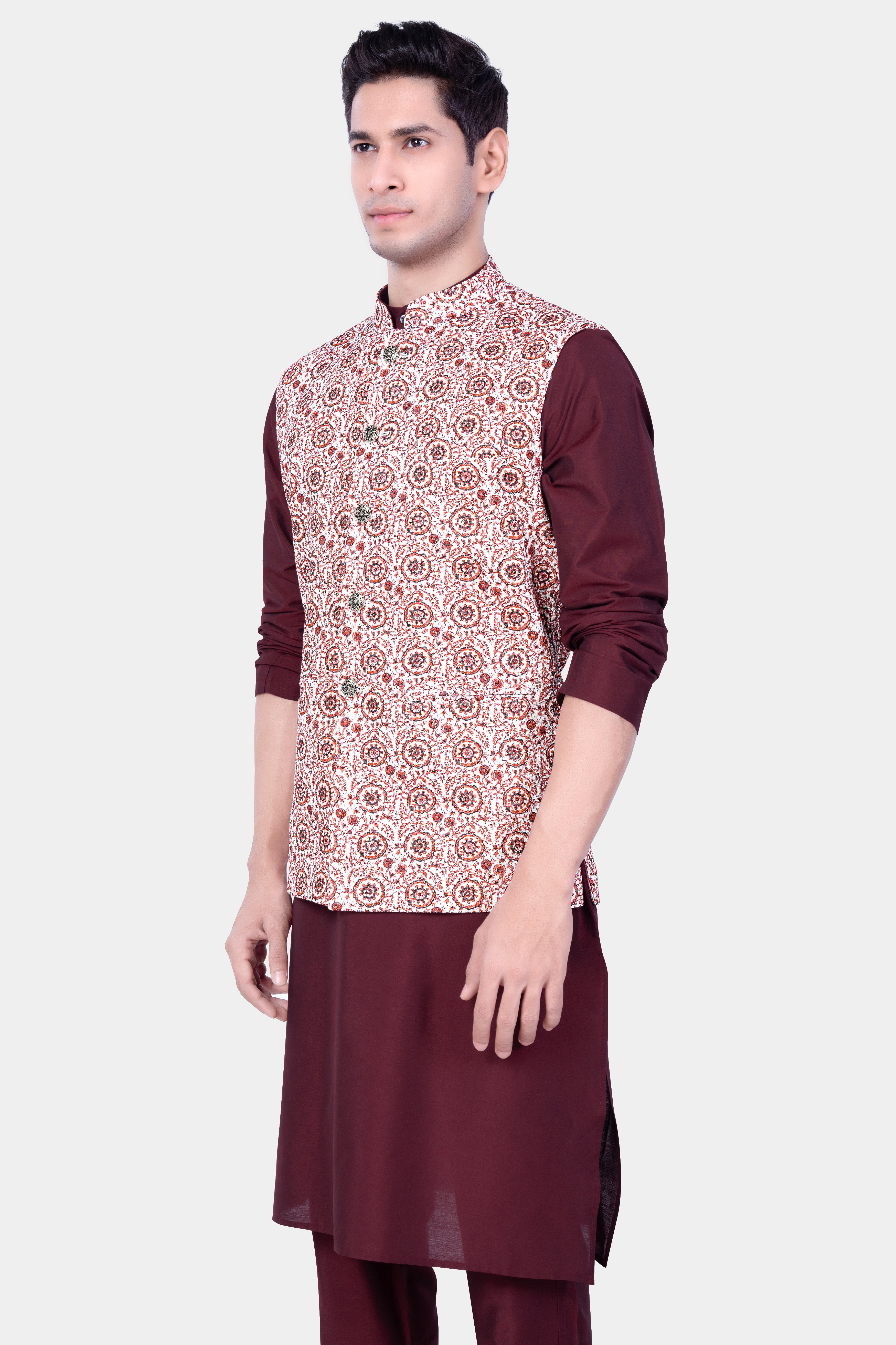 Wine Berry Kurta Set With Copper Rust Brown And Bright White Embroidered Nehru Jacket
