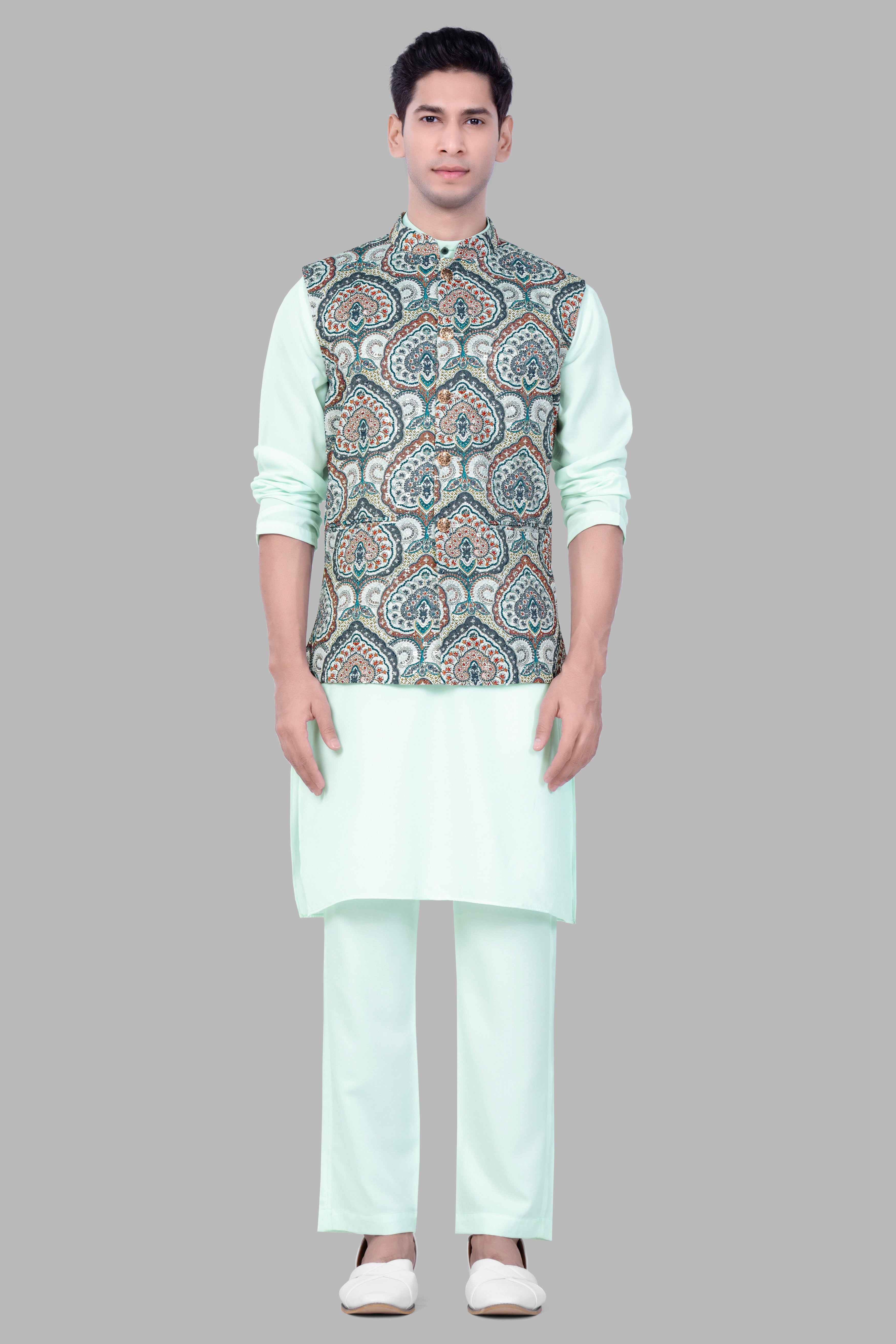Periglacial Green Kurta Set With Shiraz Blue And Hippie Red MultiColour Embroidered Nehru Jacket