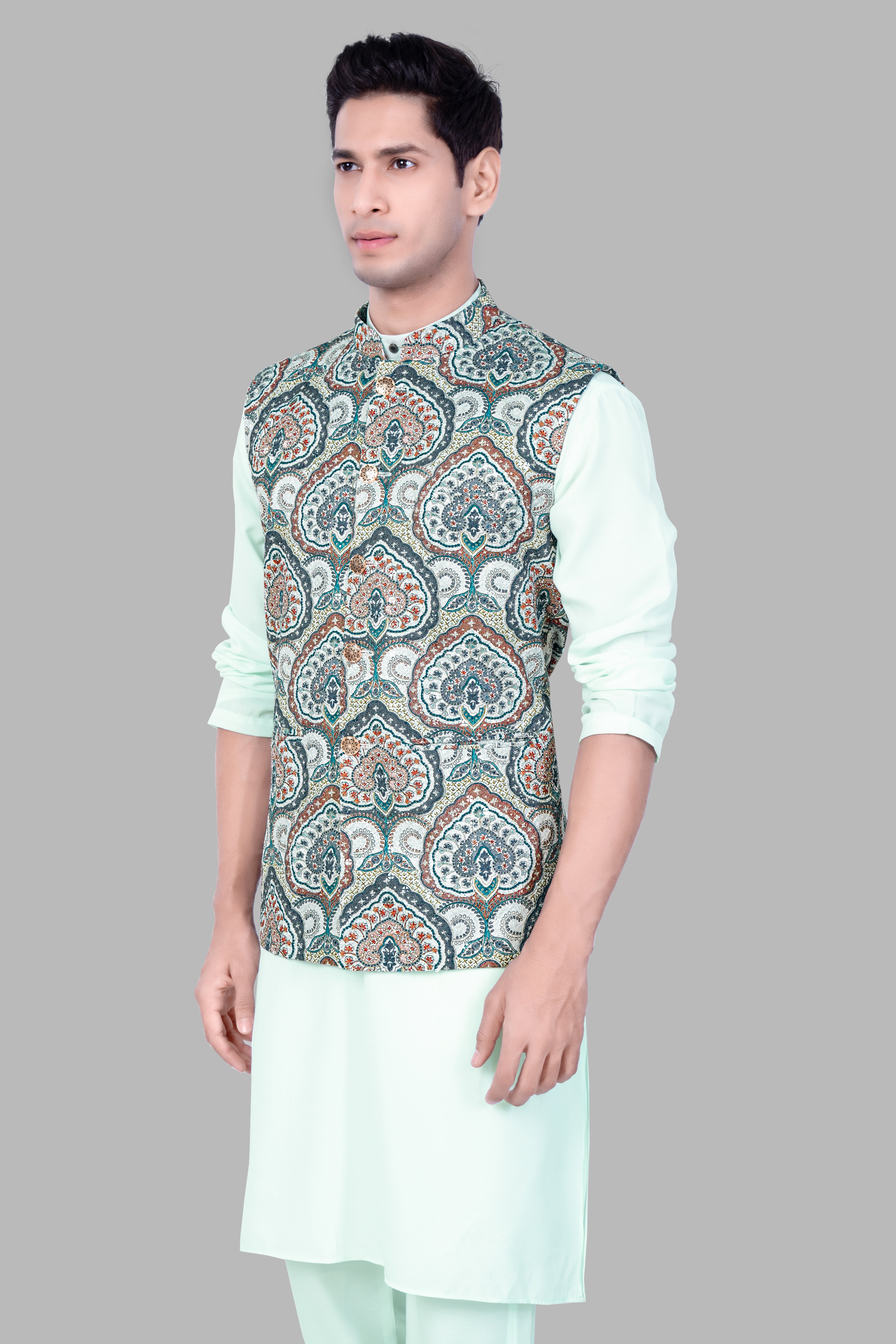 Periglacial Green Kurta Set With Shiraz Blue And Hippie Red MultiColour Embroidered Nehru Jacket