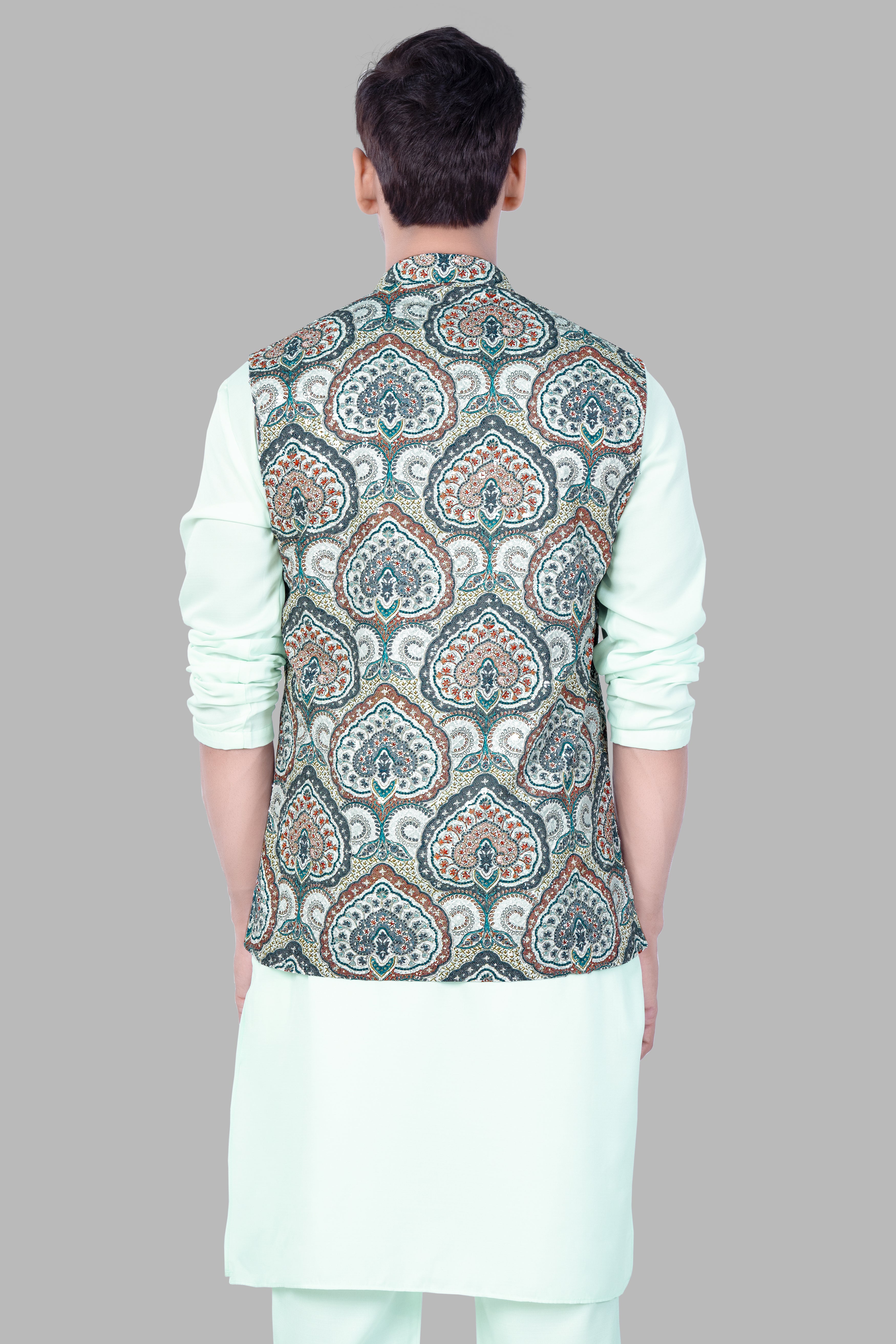 Periglacial Green Kurta Set With Shiraz Blue And Hippie Red MultiColour Embroidered Nehru Jacket