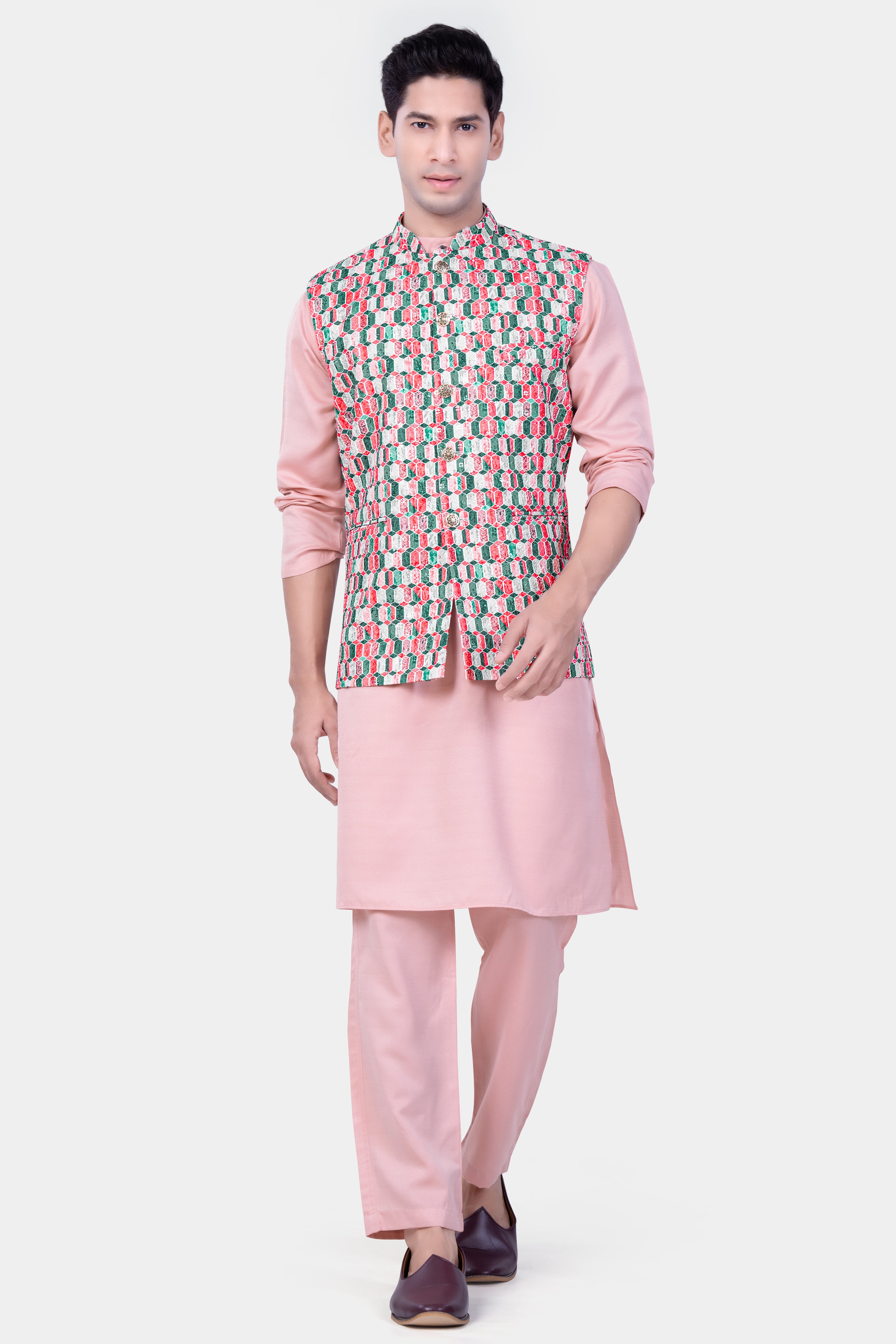 Beauty Bush Pink Kurta Set With Misty Rose And Persian Green MultiColour Embroidered Nehru Jacket