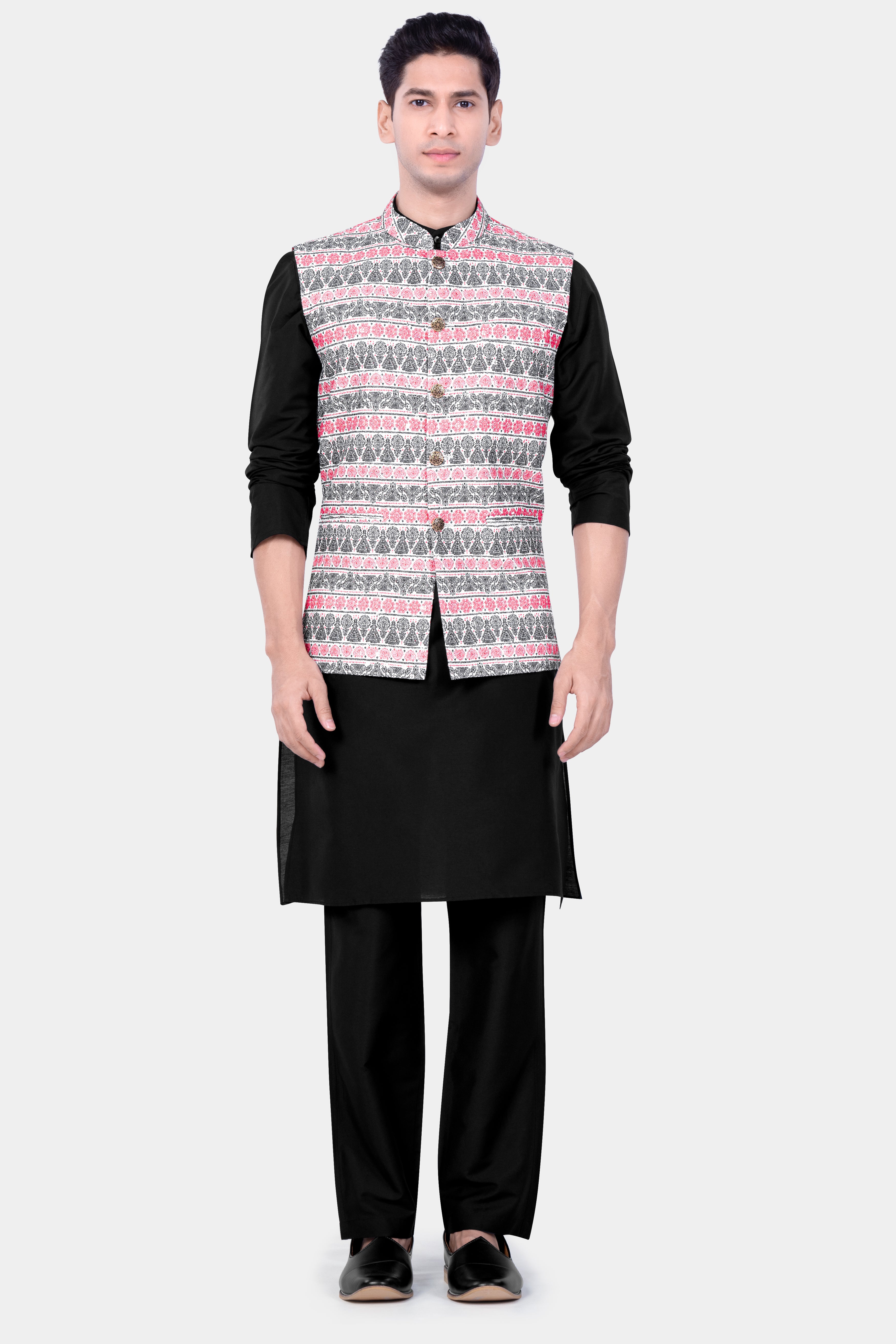 Jade Black Kurta Set With Brink Pink And jade Black Striped Designer Nehru Jacket