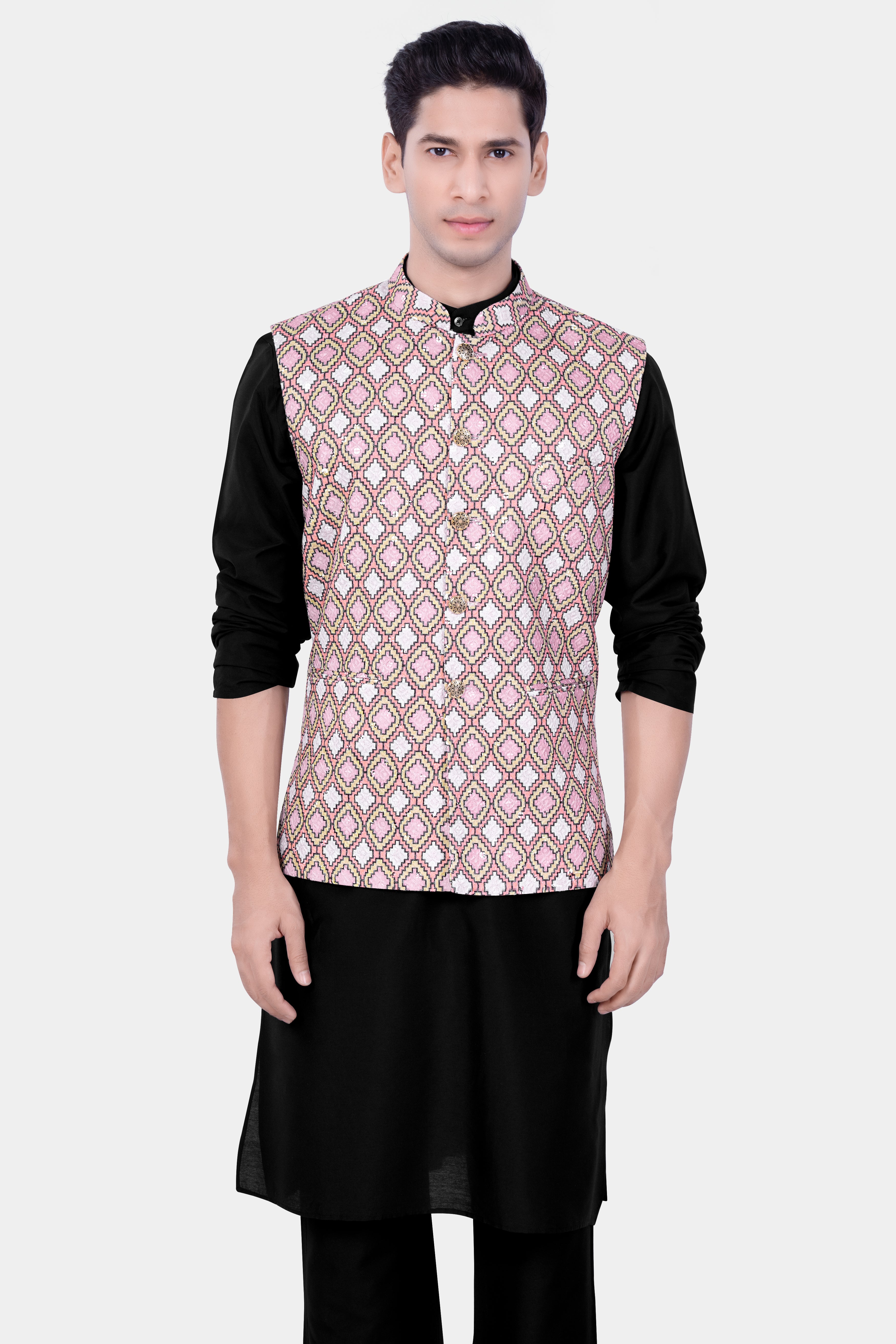 Jade Black Kurta Set With Azalea Pink And Astra Yellow MultiColour Designer Embroidered Nehru Jacket