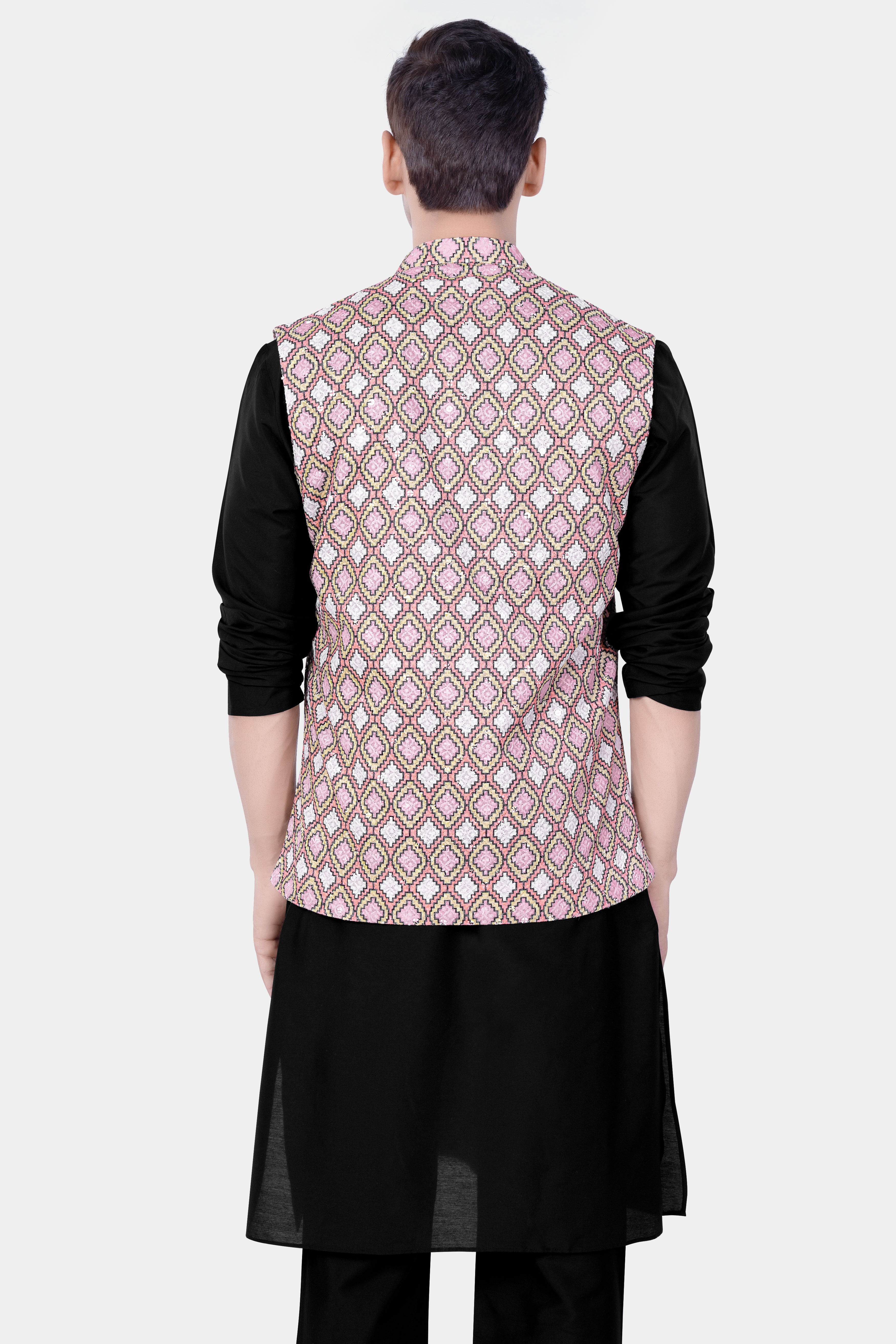 Jade Black Kurta Set With Azalea Pink And Astra Yellow MultiColour Designer Embroidered Nehru Jacket