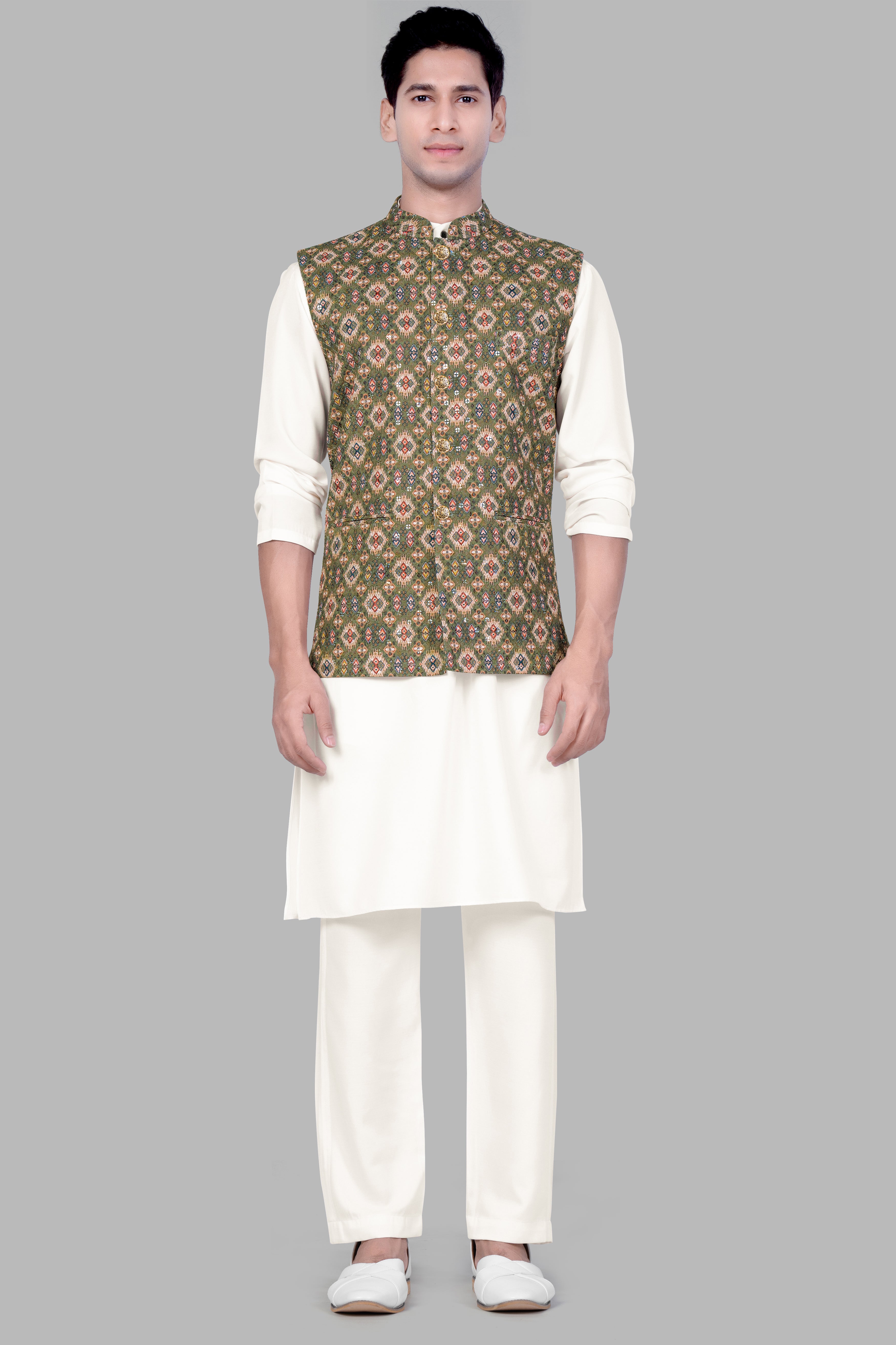 Albescent Cream With Finch Green And Coffee Brown MultiColour Designer Embroidered Nehru Jacket