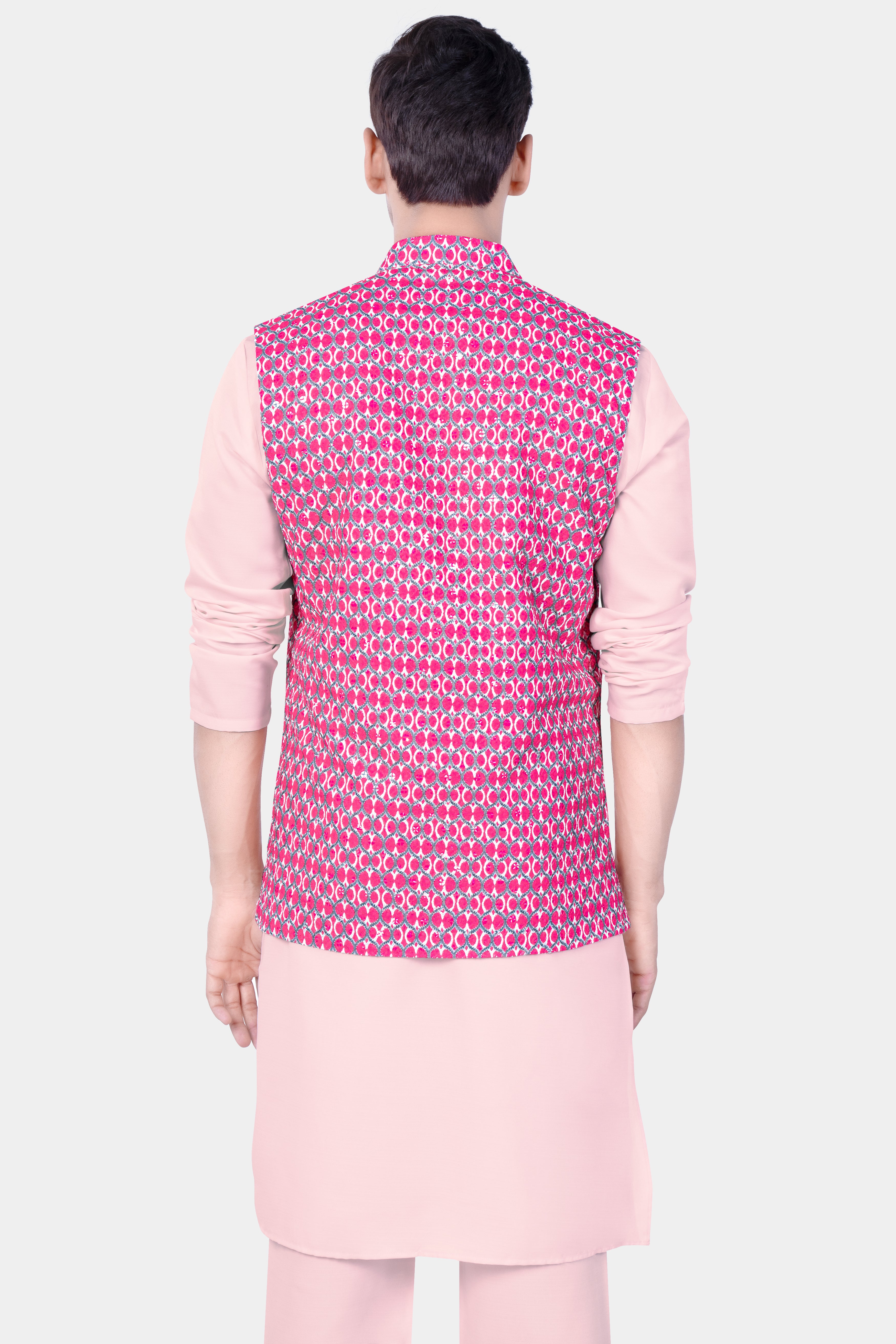 Beauty Bush Pink Kurta Set With French Rose Pink And Bright White Designer Embroidered Nehru Jacket