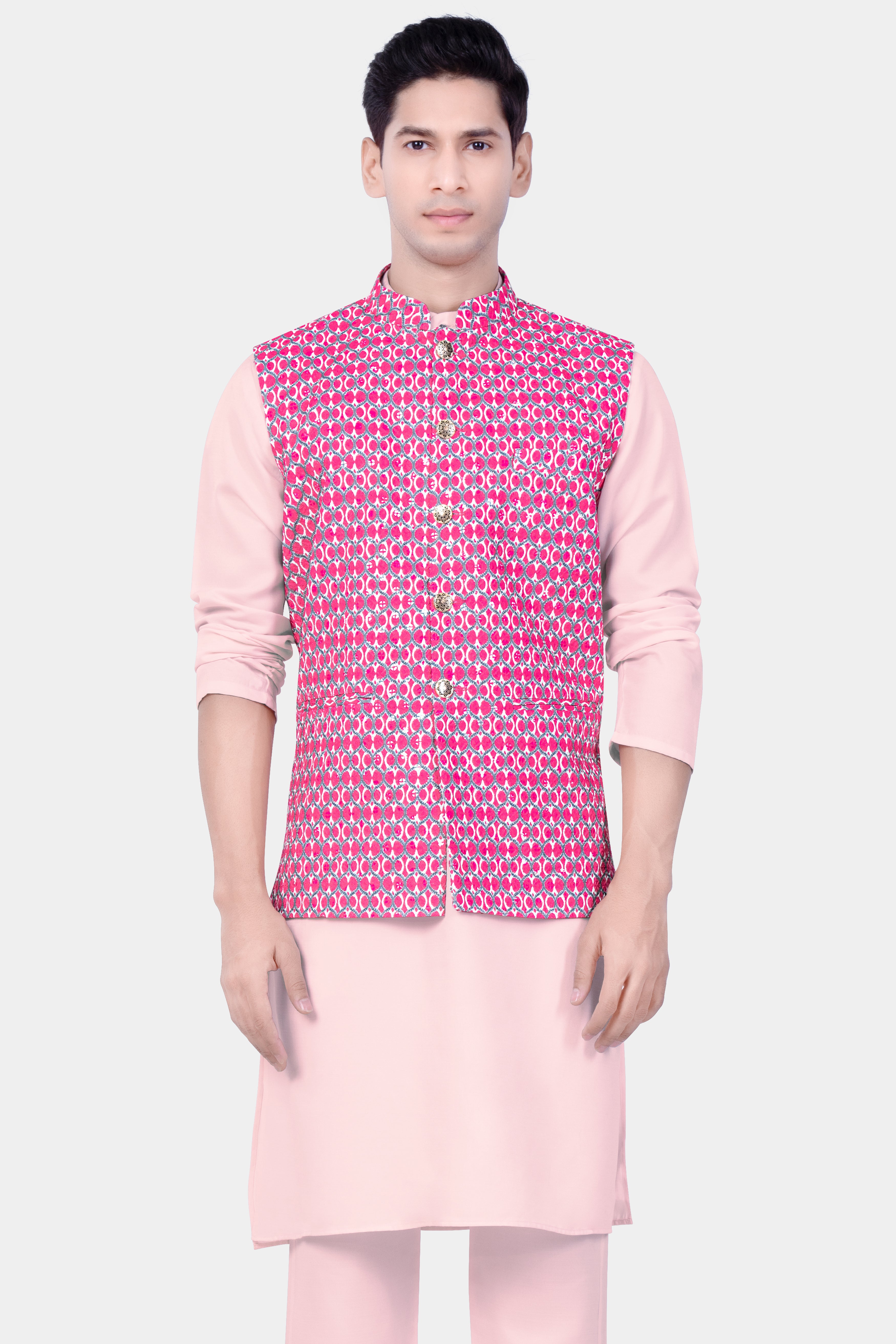 Beauty Bush Pink Kurta Set With French Rose Pink And Bright White Designer Embroidered Nehru Jacket