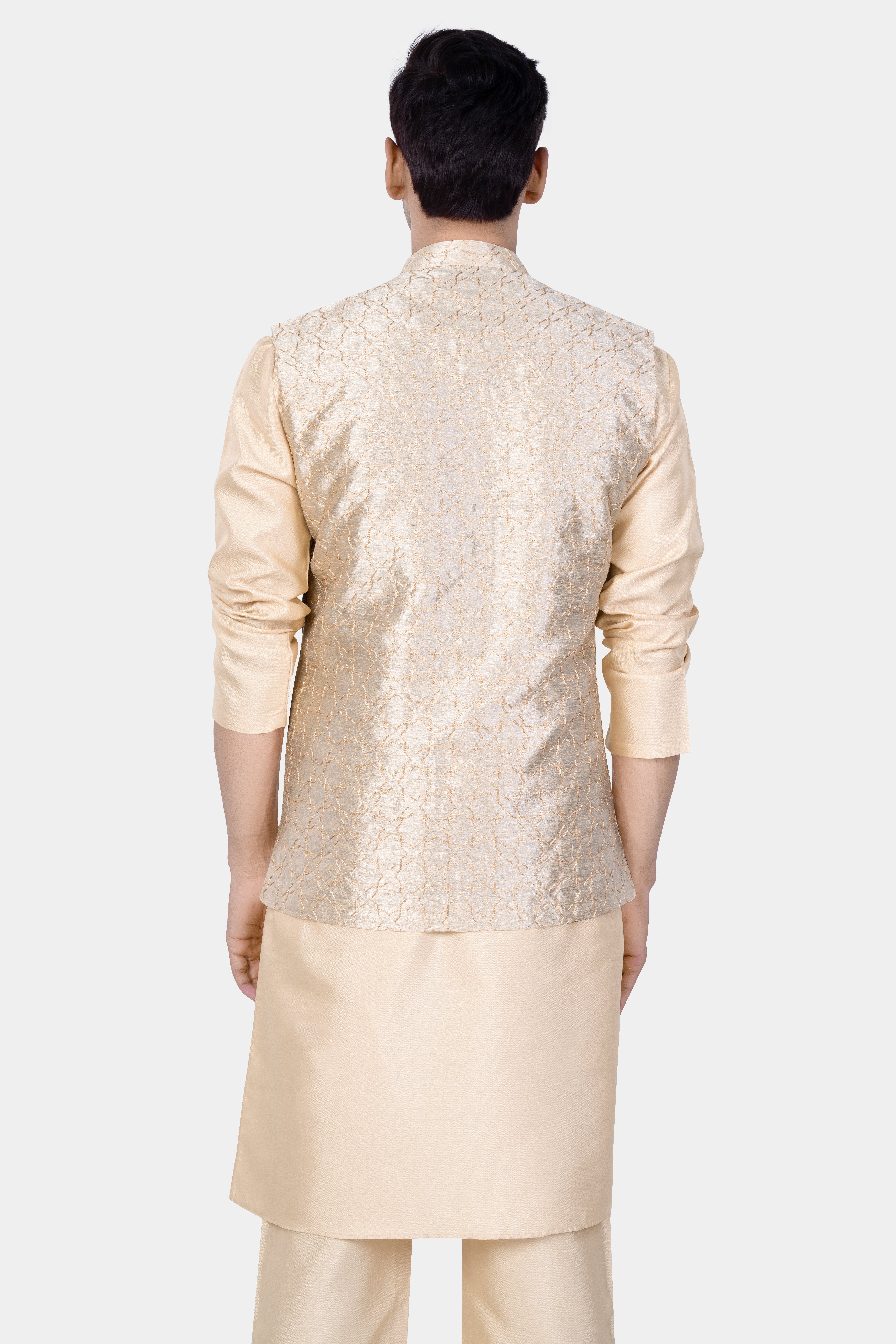Almond Brown Kurta Set With Pearl Bush Cream hexagon Designer Embroidered Nehru Jacket