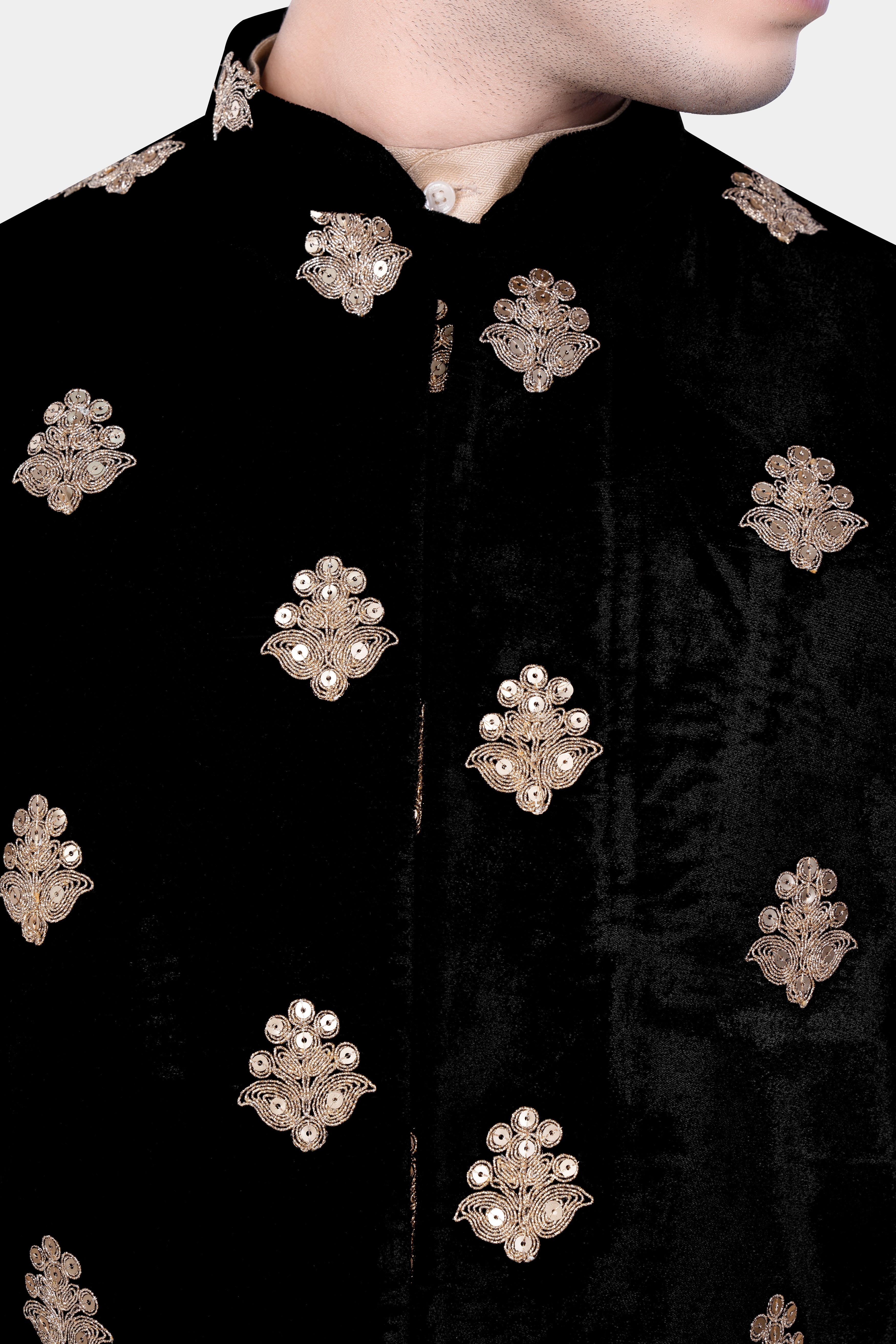 Almond Brown Kurta Set With Jade Black Designer Velvet Sequin And Thread Embroidered Nehru Jacket