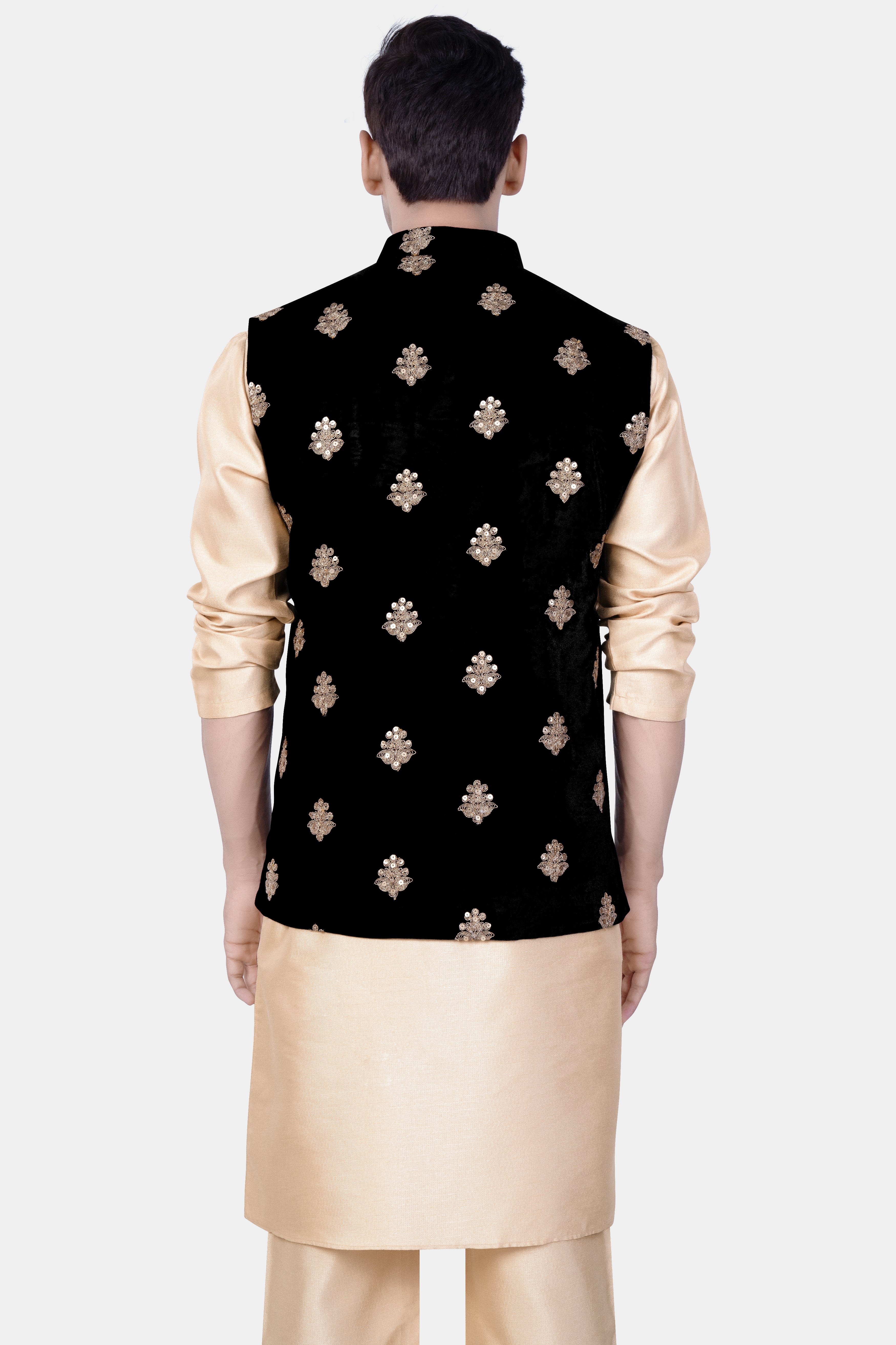 Almond Brown Kurta Set With Jade Black Designer Velvet Sequin And Thread Embroidered Nehru Jacket