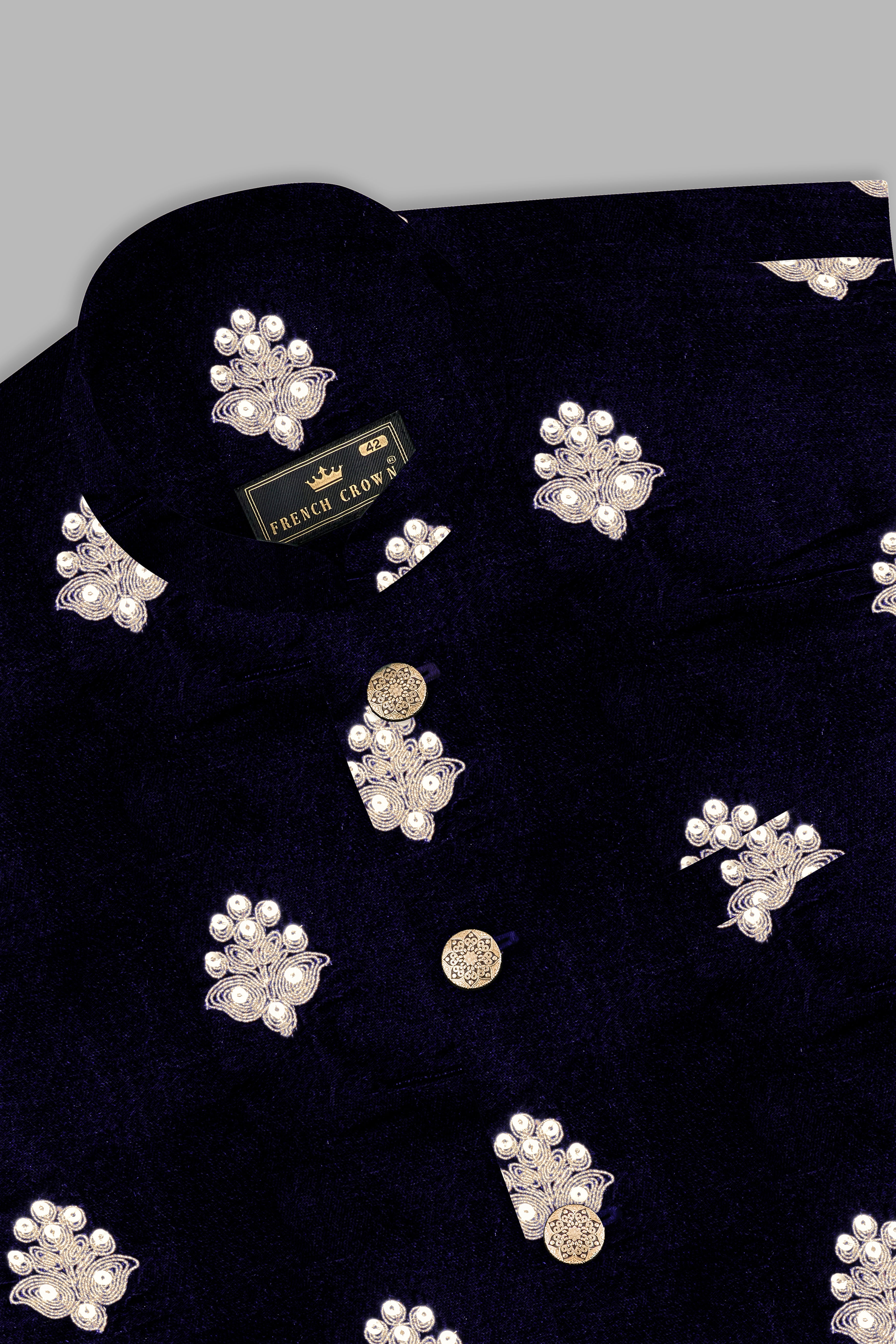 Almond Brown Kurta Set With Cinder Blue Designer Velvet Sequin And Thread Embroidered Nehru Jacket