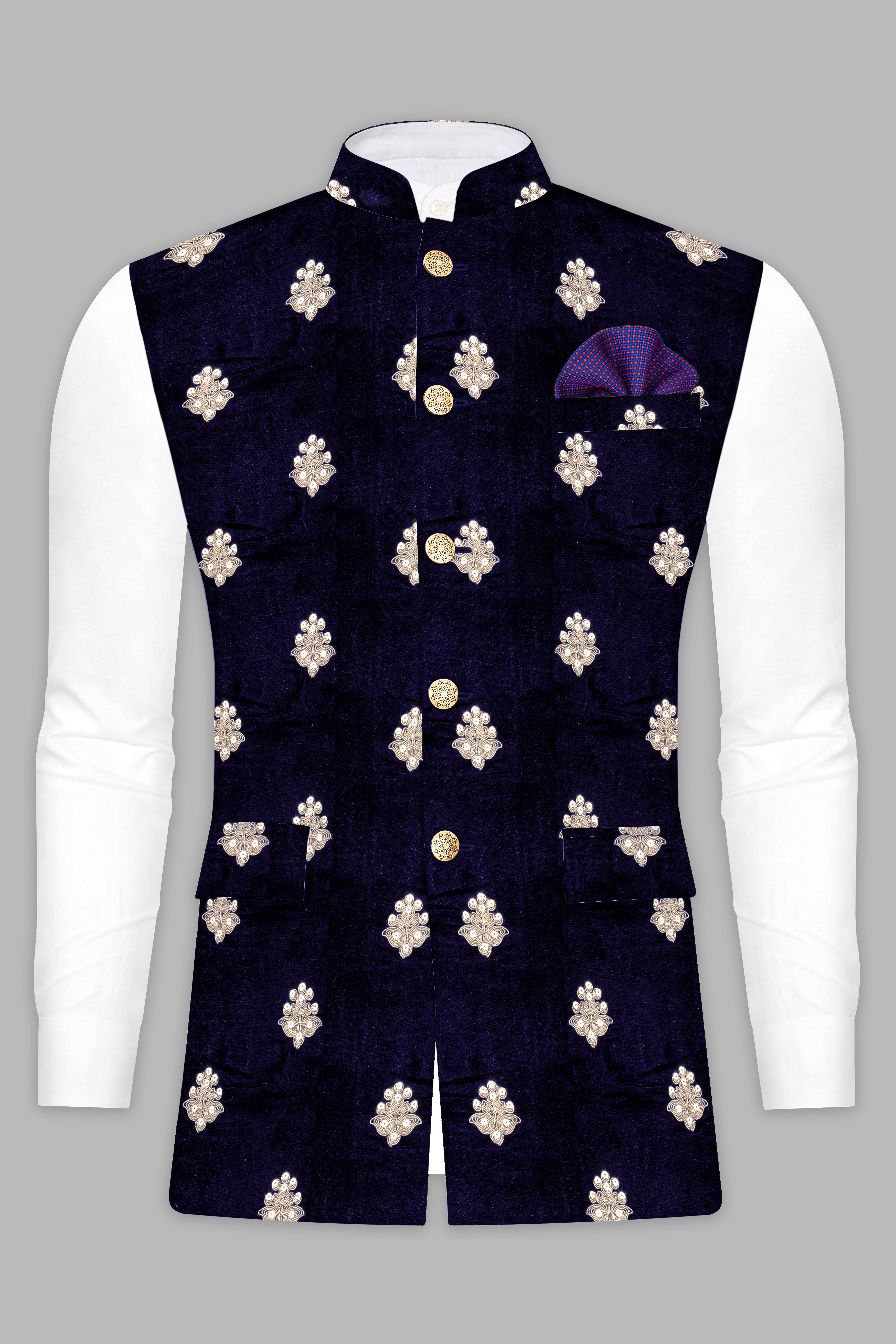 Almond Brown Kurta Set With Cinder Blue Designer Velvet Sequin And Thread Embroidered Nehru Jacket