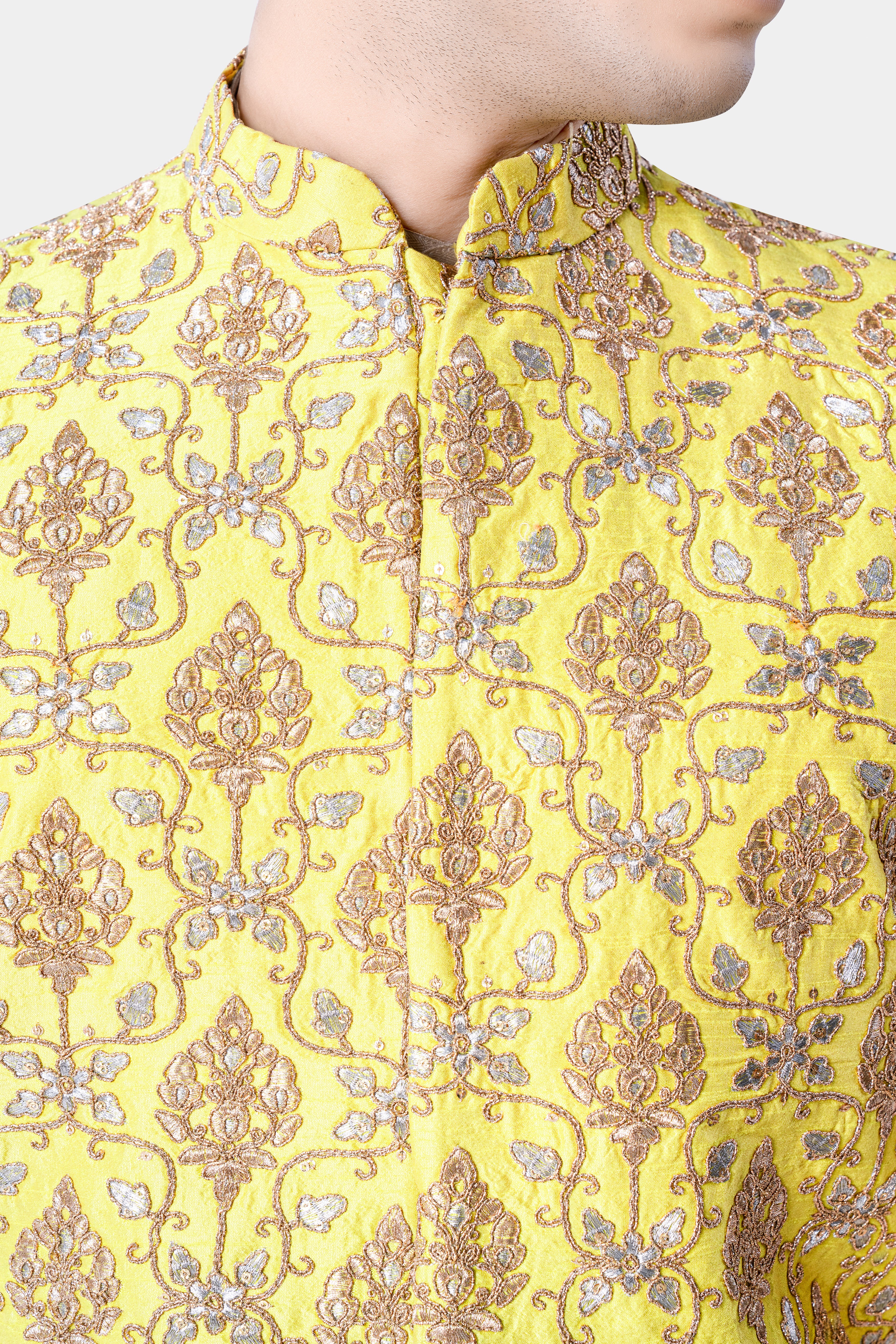 Almond Brown Kurta Set With Marigold Yellow And Quicksand Brown Thread Embroidered Nehru Jacket