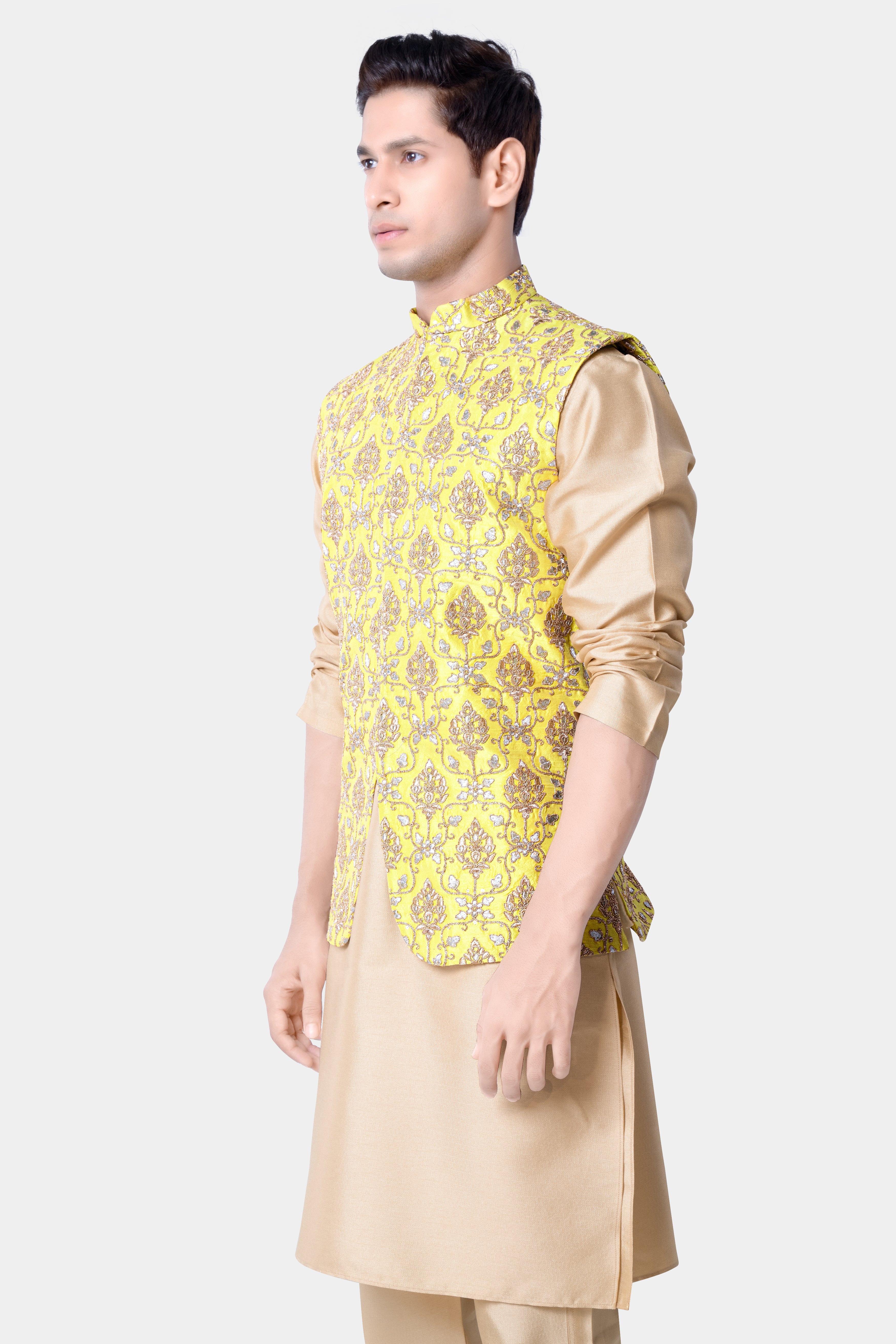 Almond Brown Kurta Set With Marigold Yellow And Quicksand Brown Thread Embroidered Nehru Jacket