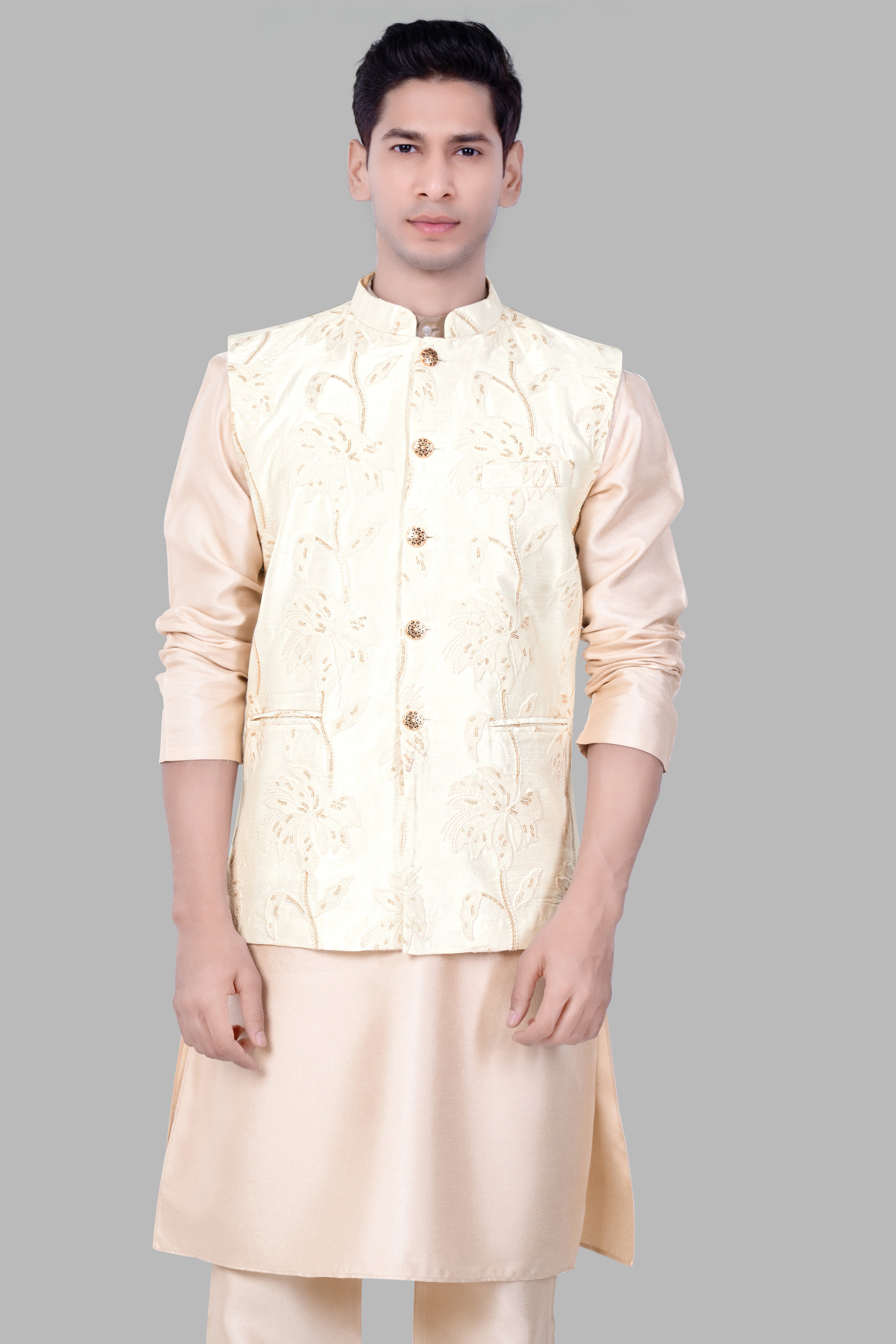 Beige and Brown color Art Dupion Silk fabric Dhoti Kurta with Jacket :  1756756