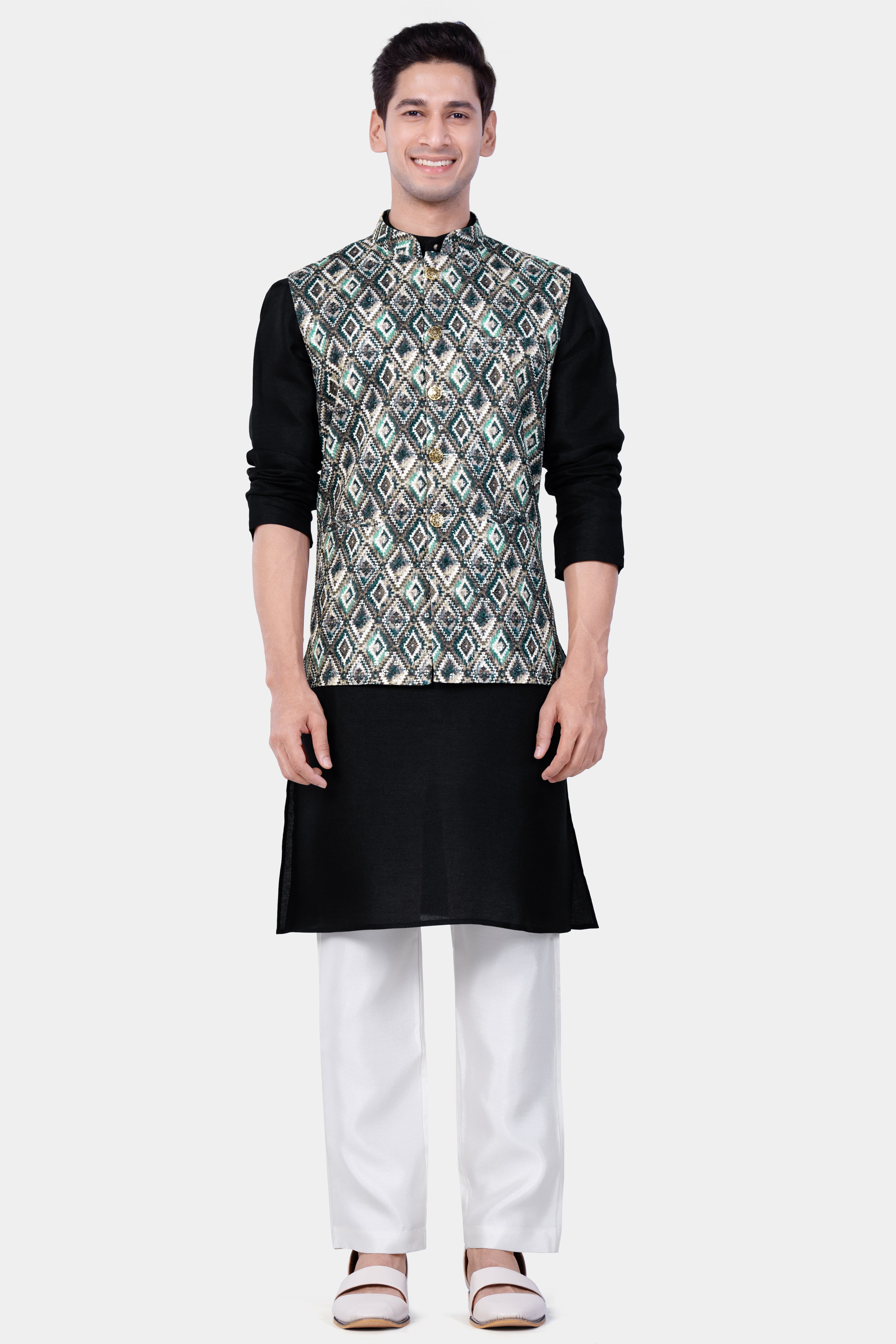 Jade Black Kurta Set With Abbey Gray And Outer Space Blue Designer Embroidered Nehru Jacket