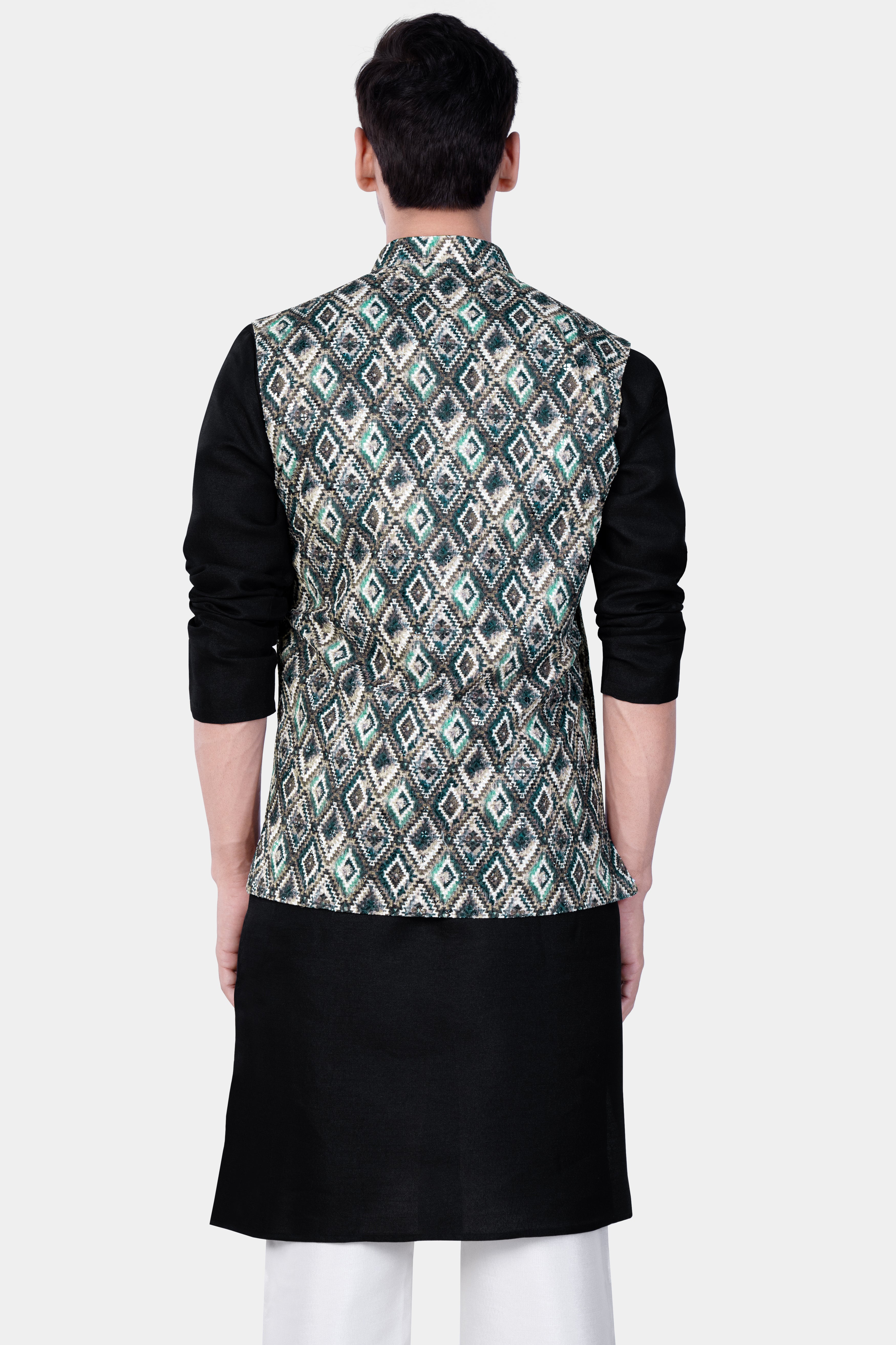 Jade Black Kurta Set With Abbey Gray And Outer Space Blue Designer Embroidered Nehru Jacket