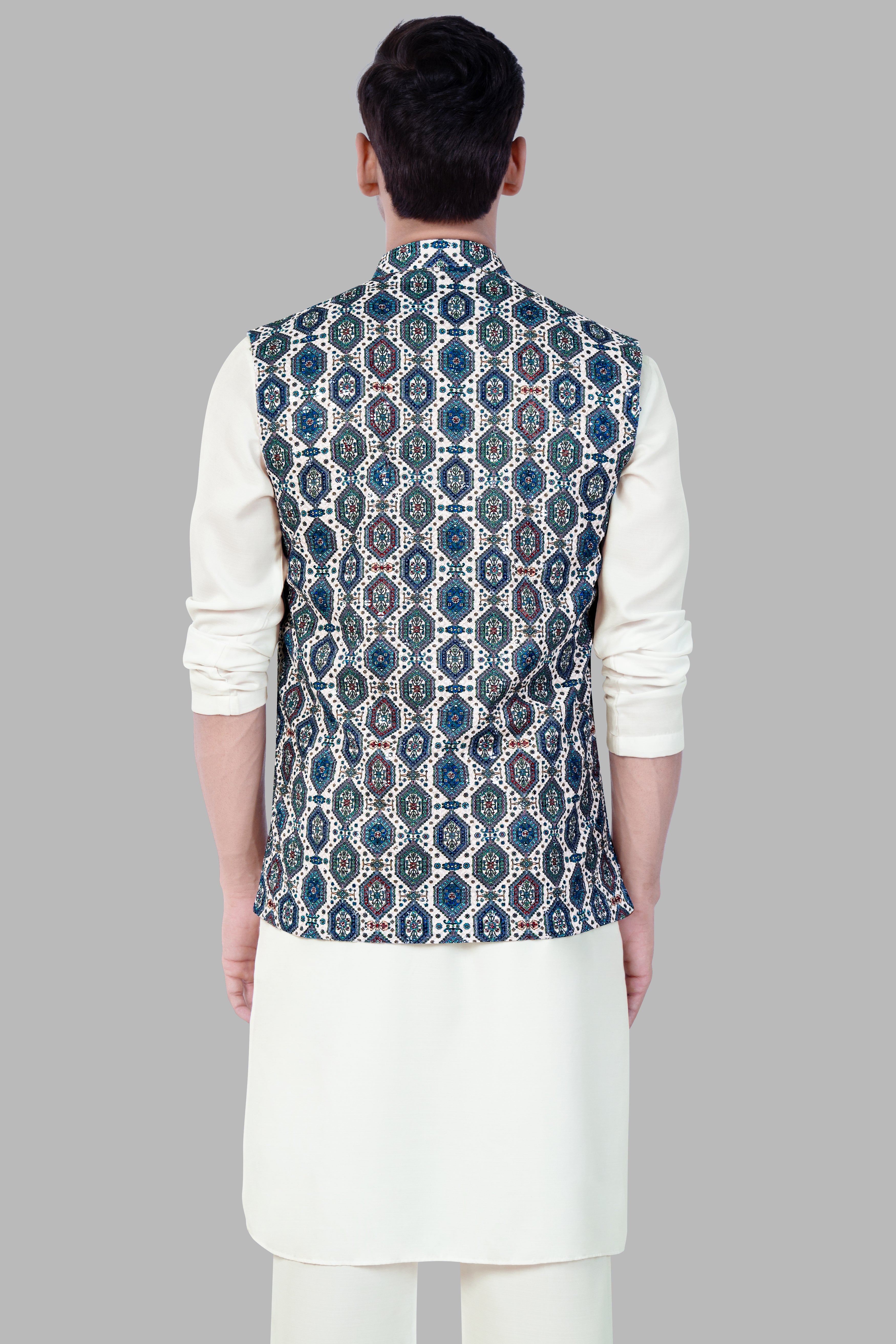 Albescent Cream Kurta Set With Bluish blue And Claret Red Thread Embroidered Nehru Jacket