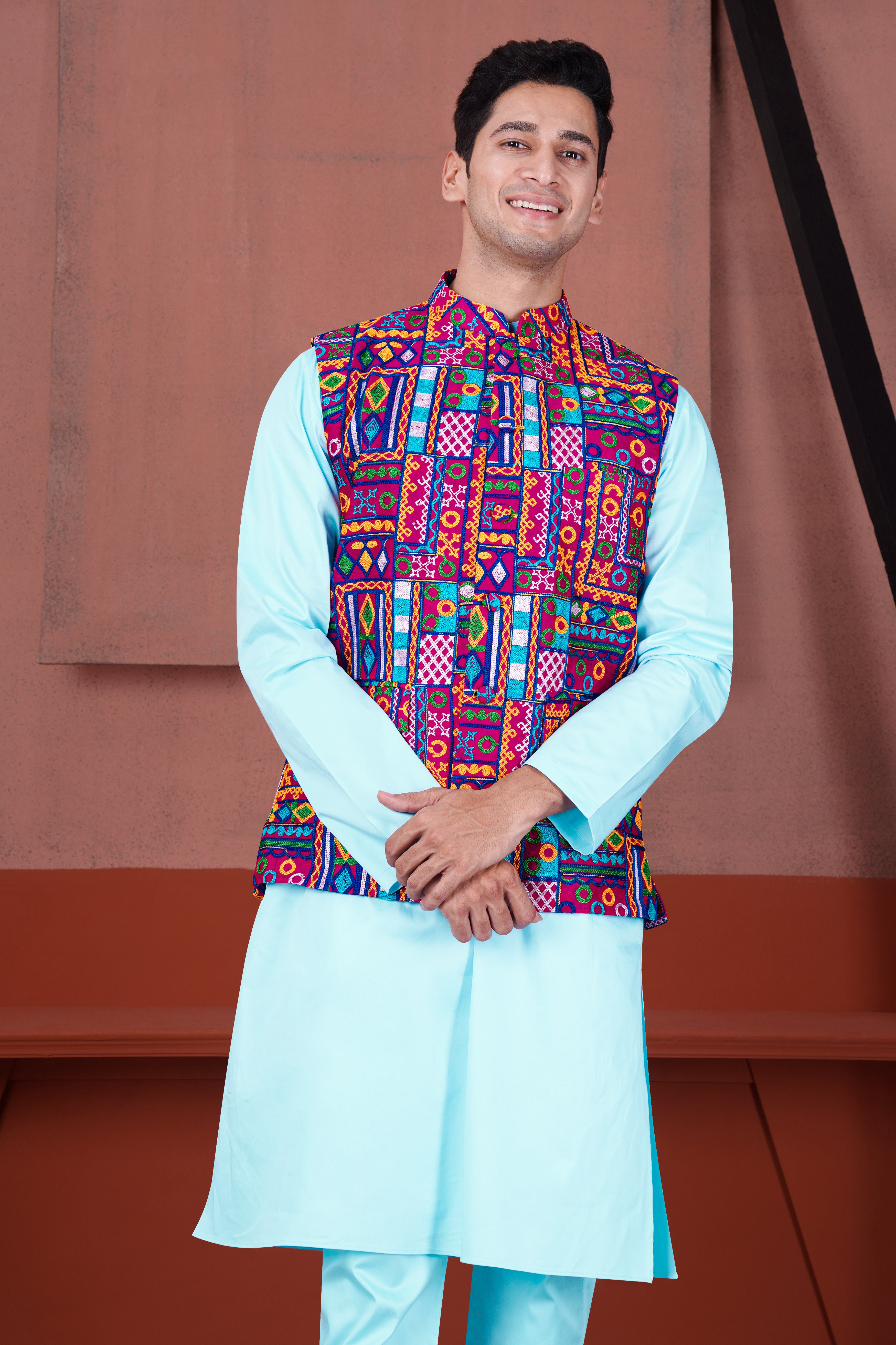 Charlotte Blue with Cotton Thread Embroidered Designer Kurta with Nehru Jacket