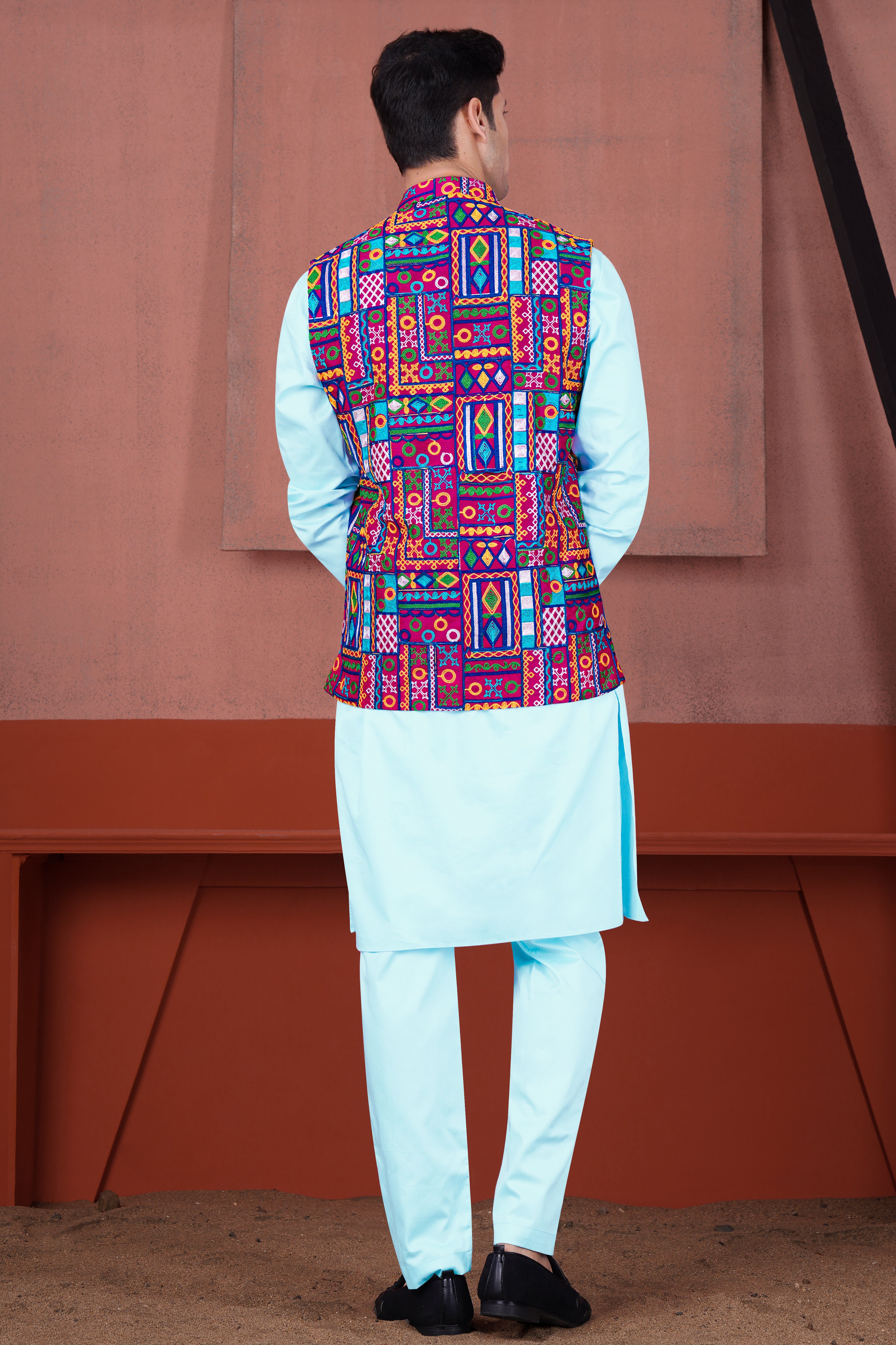 Charlotte Blue with Cotton Thread Embroidered Designer Kurta with Nehru Jacket