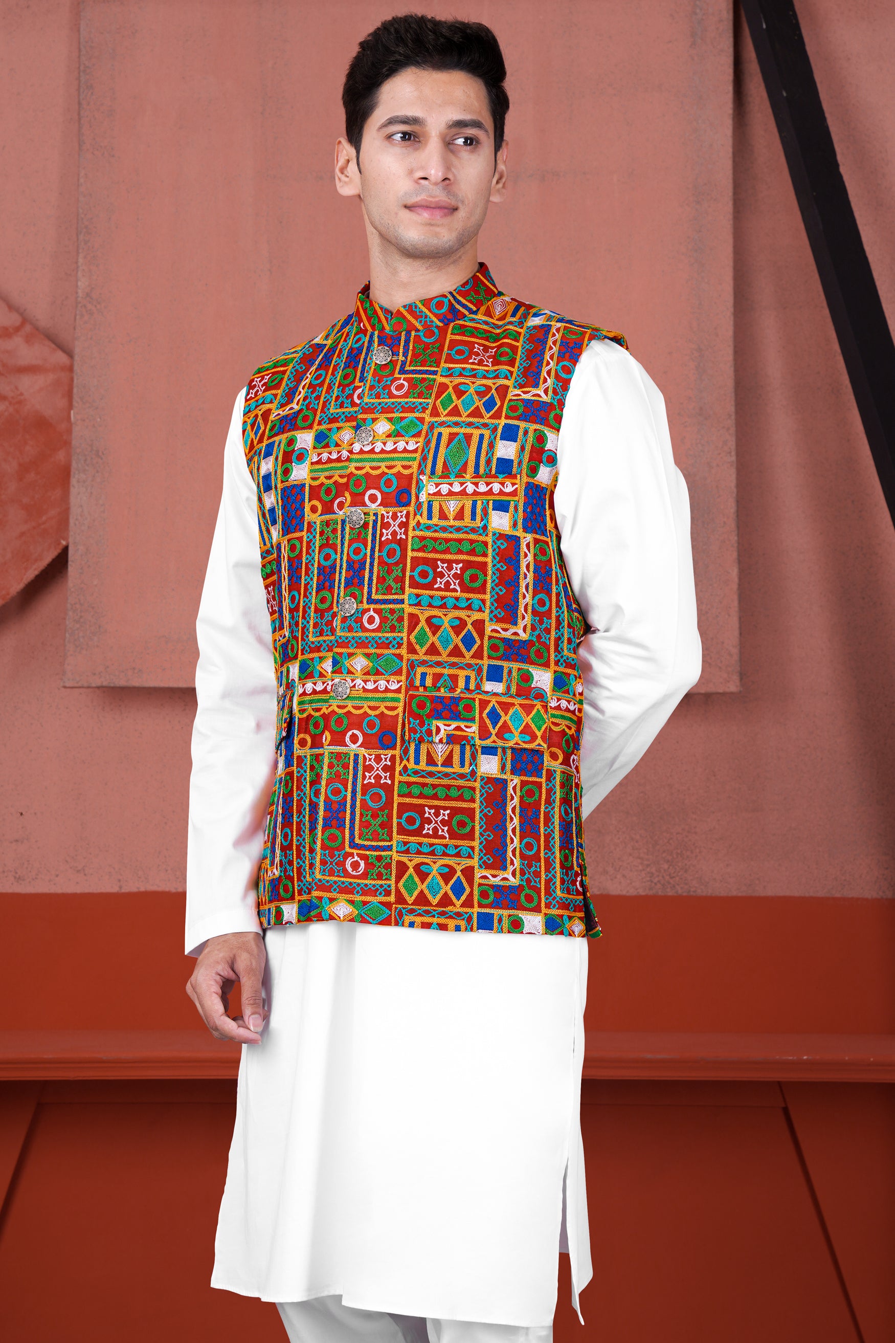 Bright White Cotton Thread Embroidered Designer Kurta With Nehru Jacket