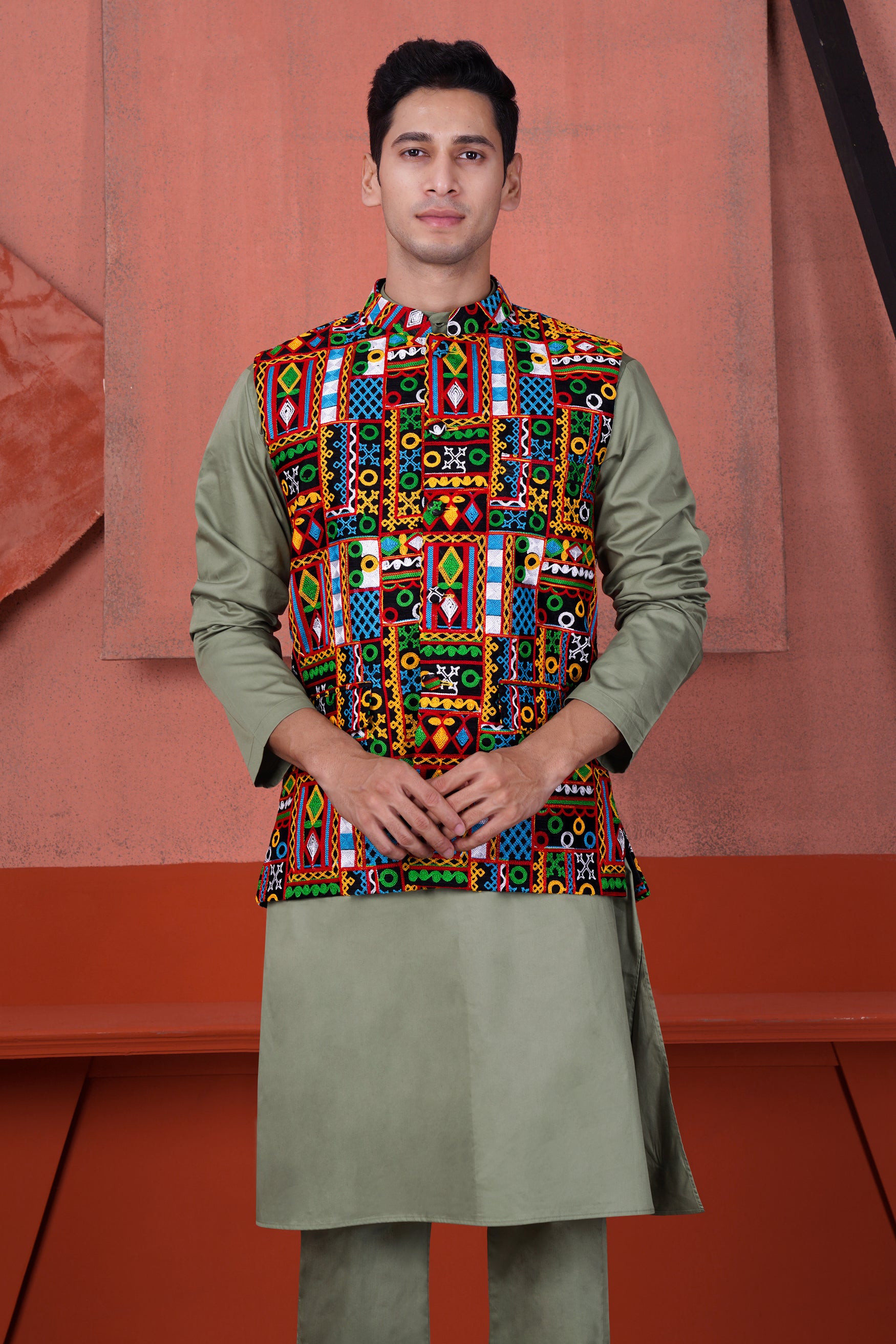 Olive Green Cotton Thread Embroidered Designer Kurta With Nehru Jacket