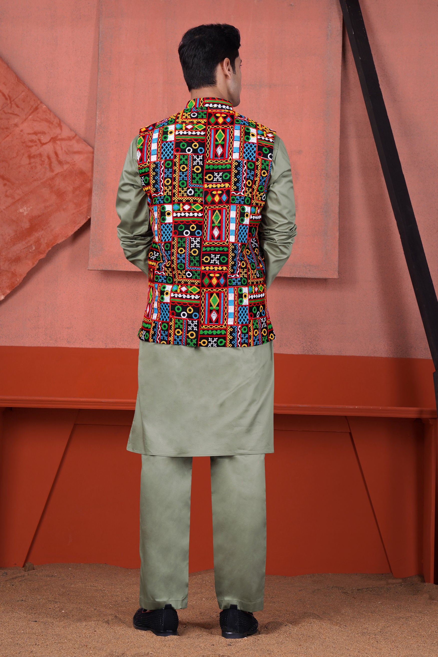 Olive Green Cotton Thread Embroidered Designer Kurta With Nehru Jacket