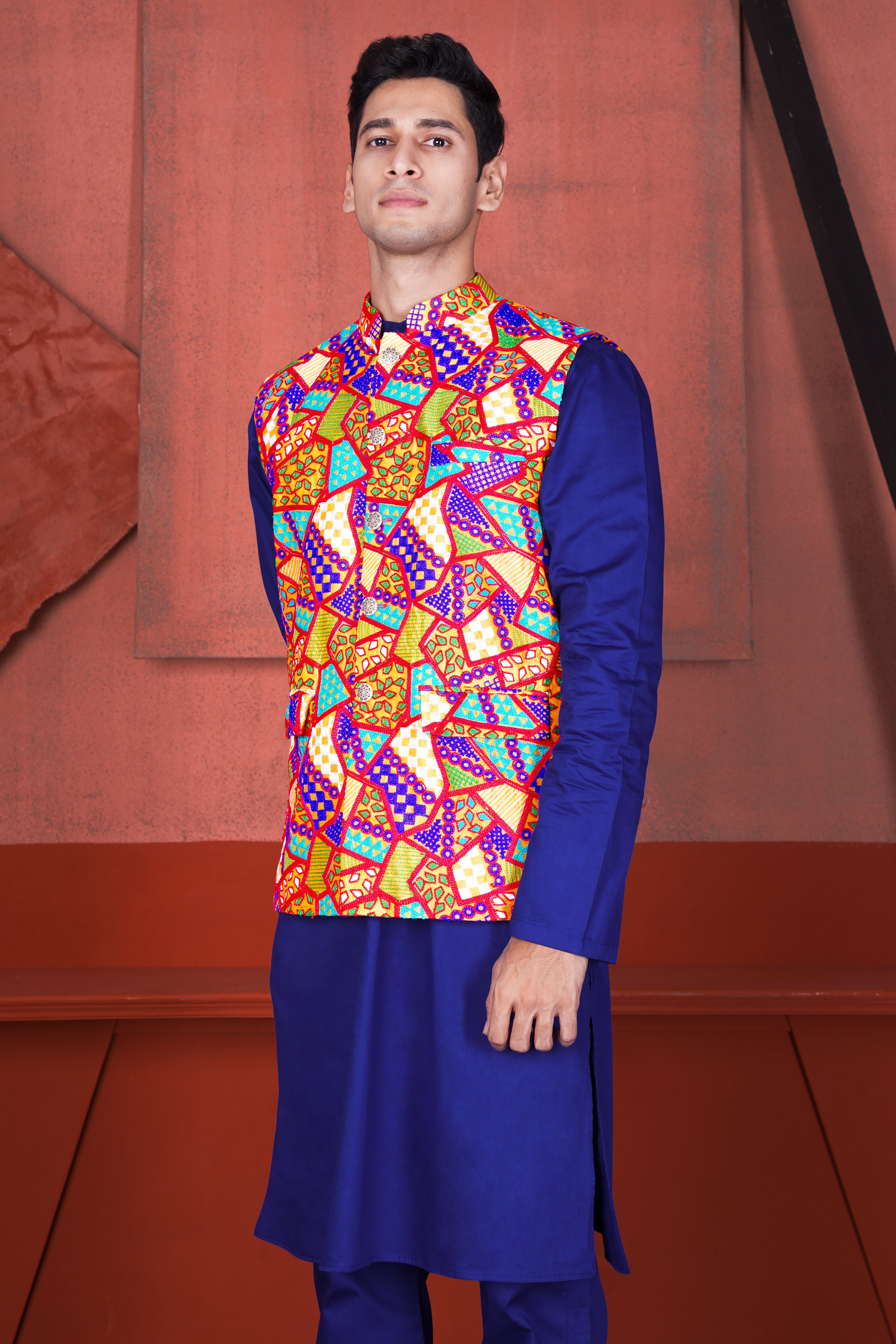 Indigo Blue Kurta with Carmine Red and Amber Orange Multicolour Cotton Thread Embroidered Designer Nehru Jacket