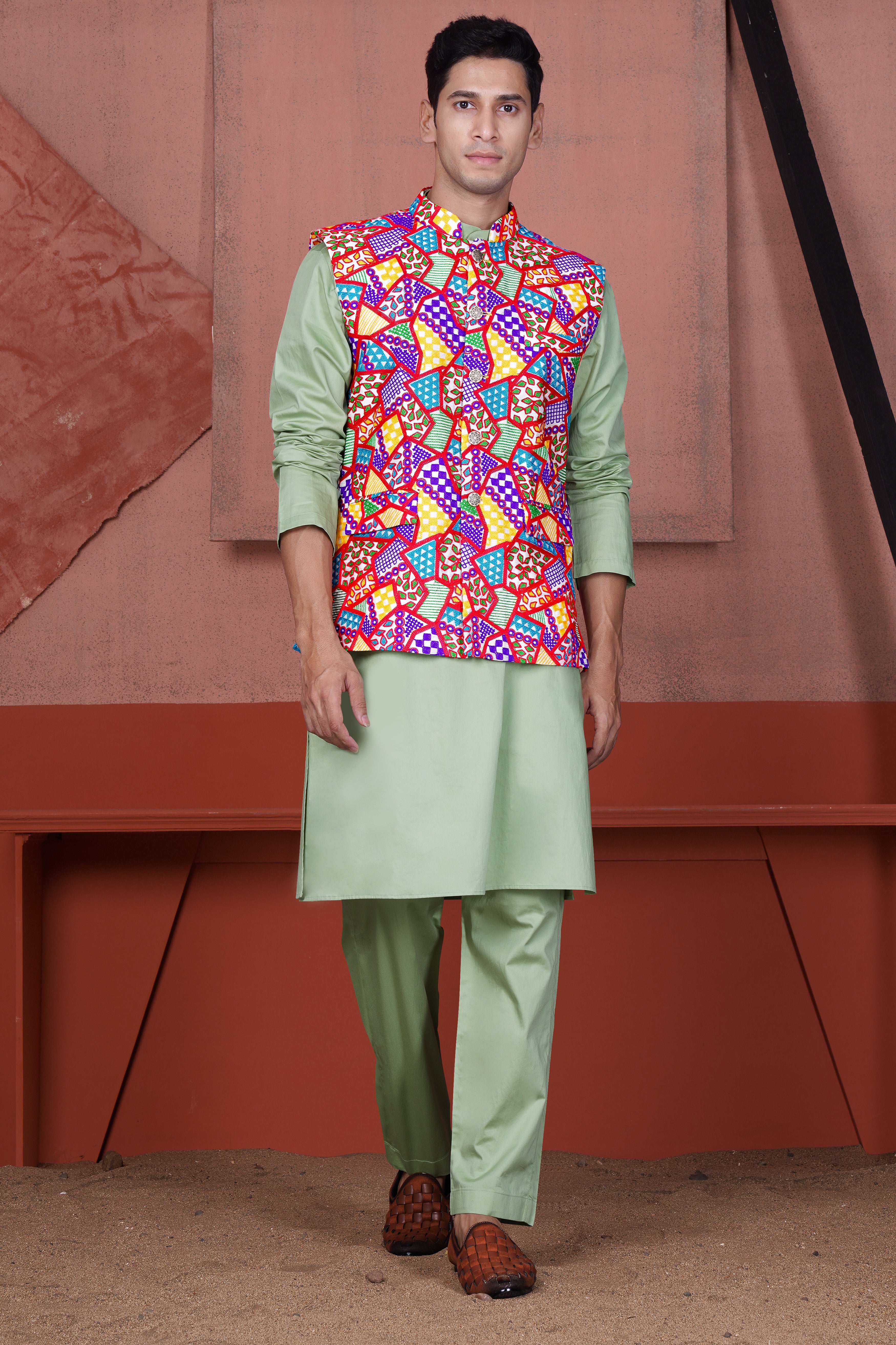 Coriander Green Kurta with Carmine Red and Cobalt Blue Multicolour Cotton Thread Embroidered Designer Nehru Jacket