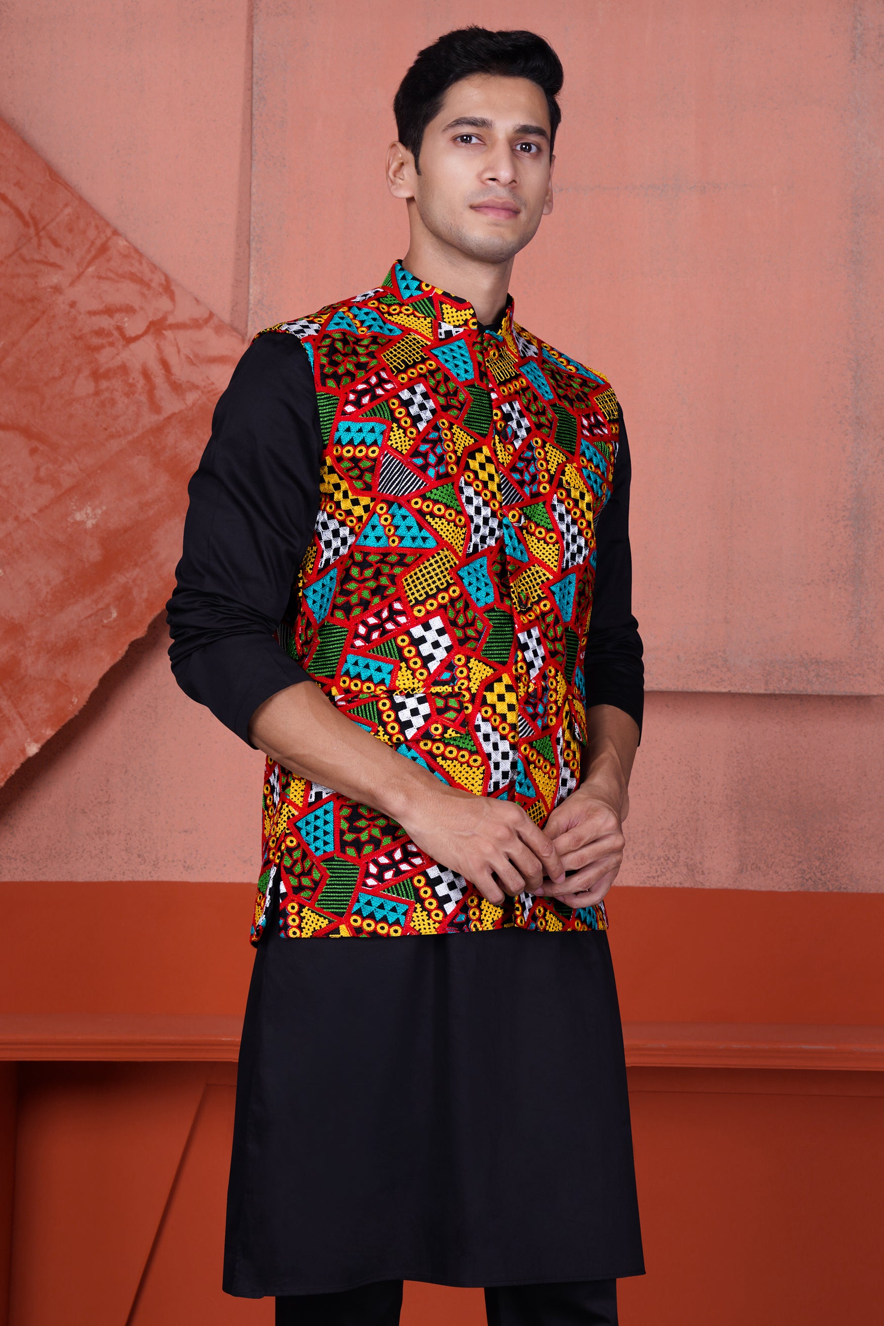 Jade Black Kurta with Carnelian Red and Kelly Green Multicolour Cotton Thread Embroidered Designer Nehru Jacket