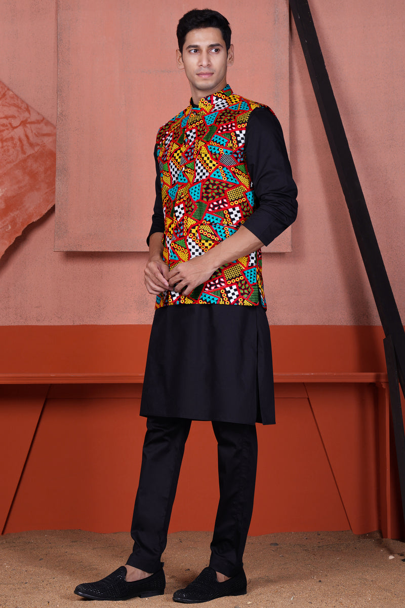 JADE BLACK KURTA WITH CARNELIAN RED AND KELLY GREEN MULTICOLOUR COTTON THREAD EMBROIDERED DESIGNER NEHRU JACKET