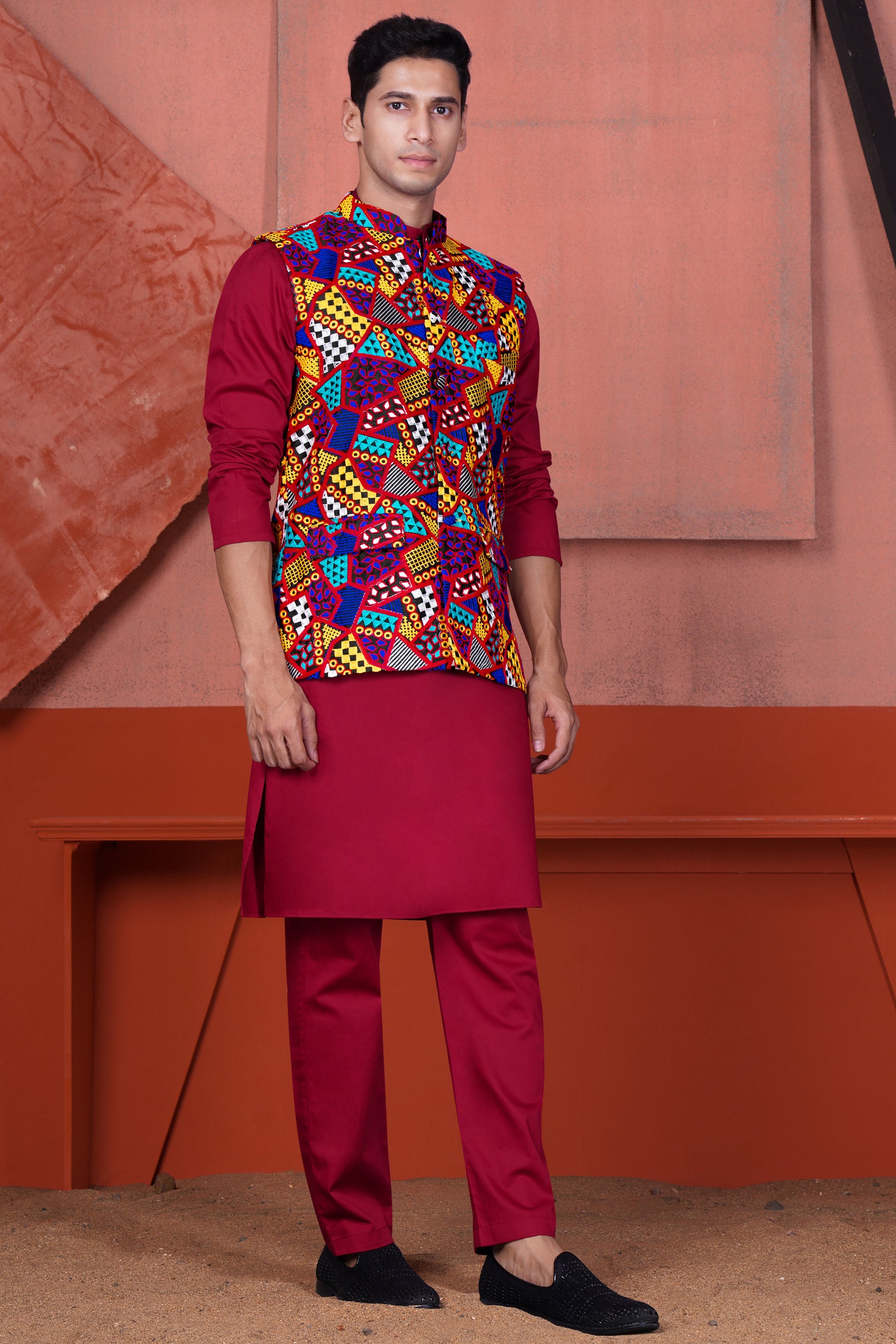 Vivid Auburn Red Kurta with Canray Orange and Catalina Blue Multicolour Cotton Thread Embroidered Designer Nehru Jacket