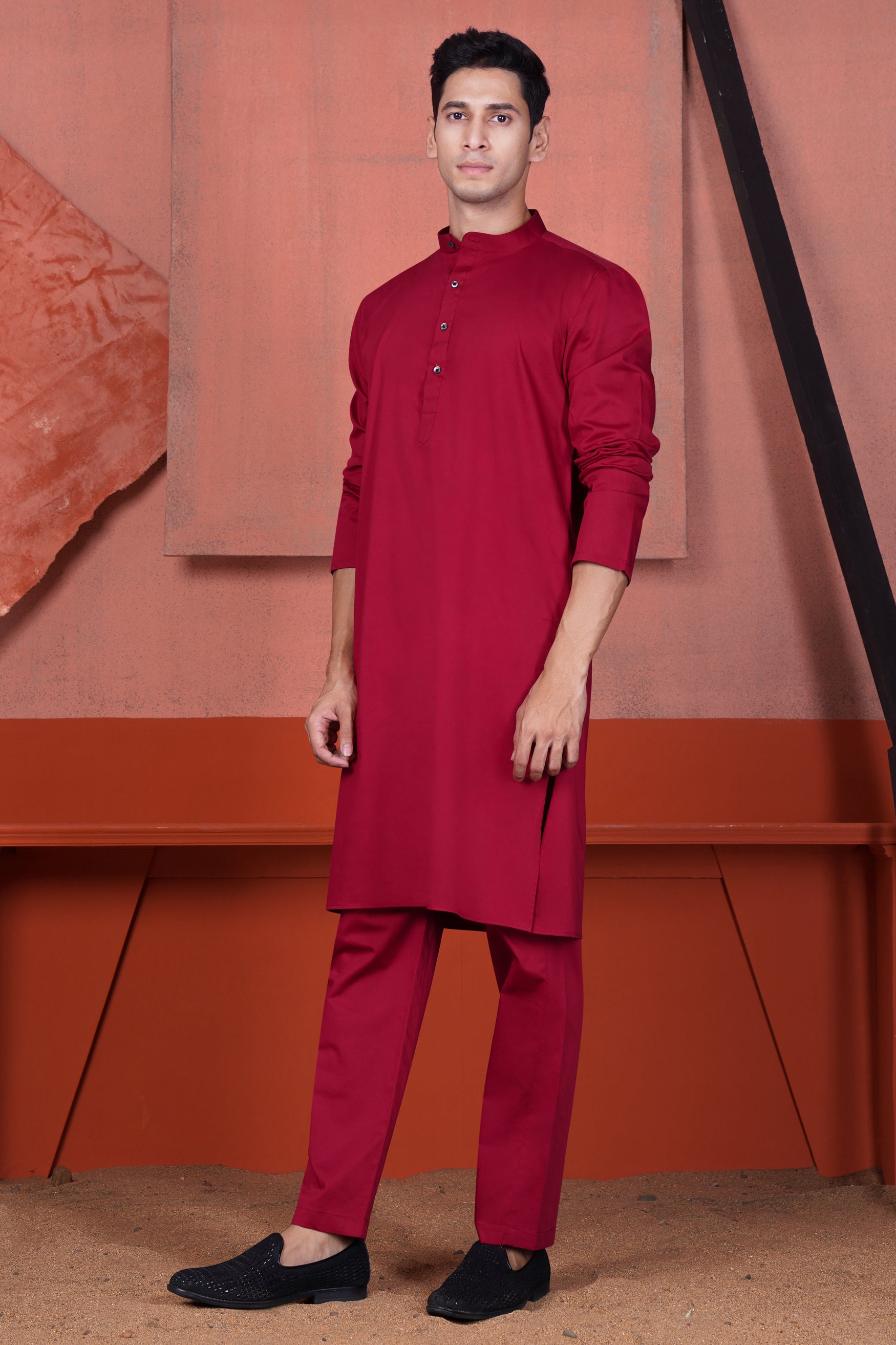 Vivid Auburn Red Kurta with Canray Orange and Catalina Blue Multicolour Cotton Thread Embroidered Designer Nehru Jacket
